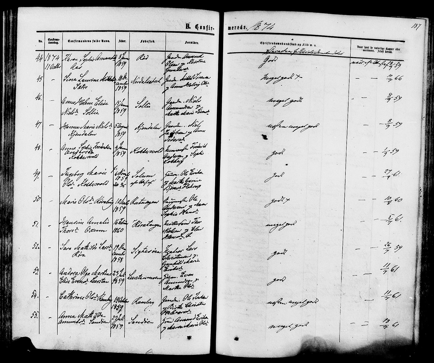 Eidanger kirkebøker, SAKO/A-261/F/Fa/L0010: Parish register (official) no. 10, 1859-1874, p. 187