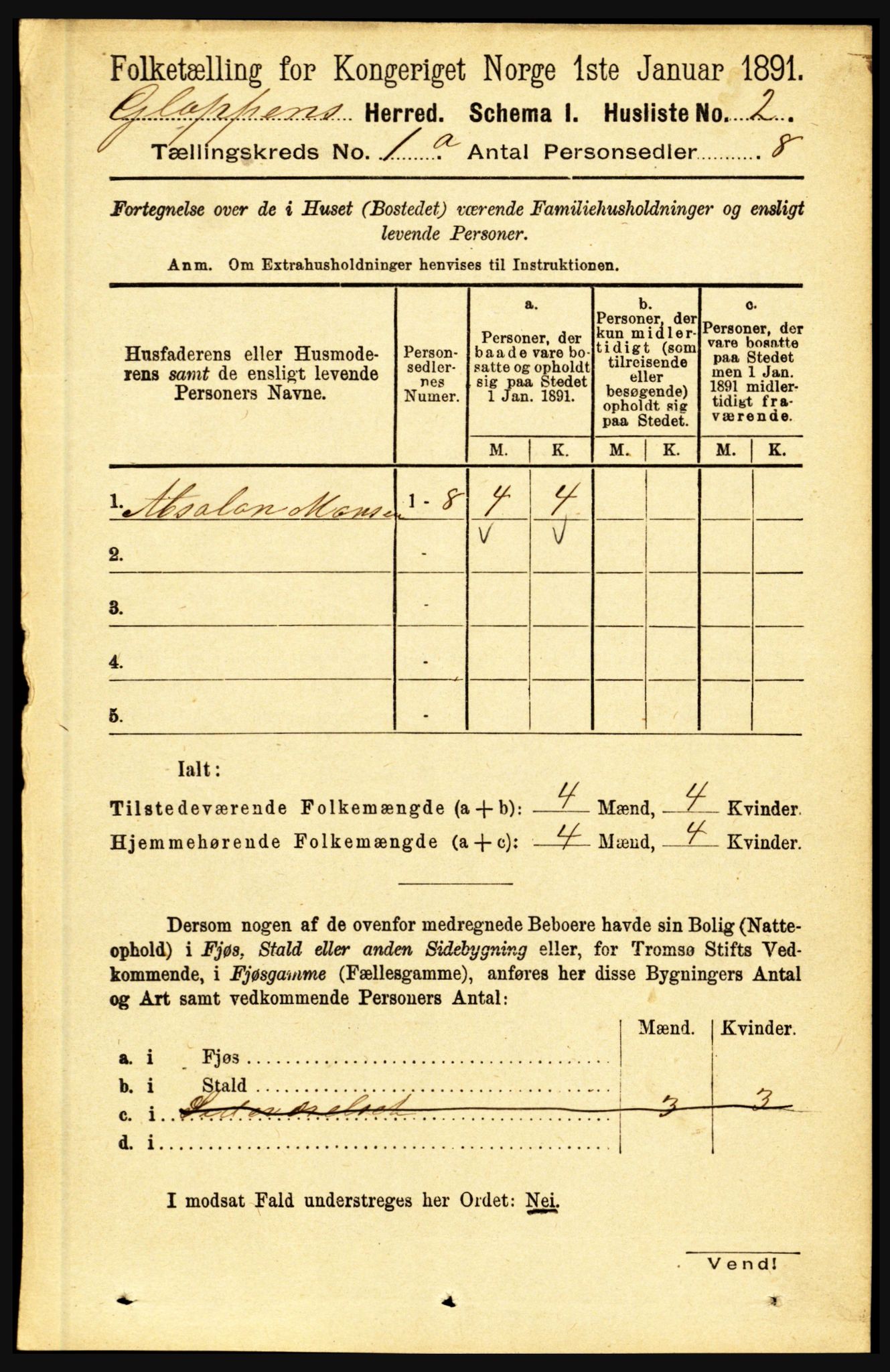 RA, 1891 census for 1445 Gloppen, 1891, p. 28