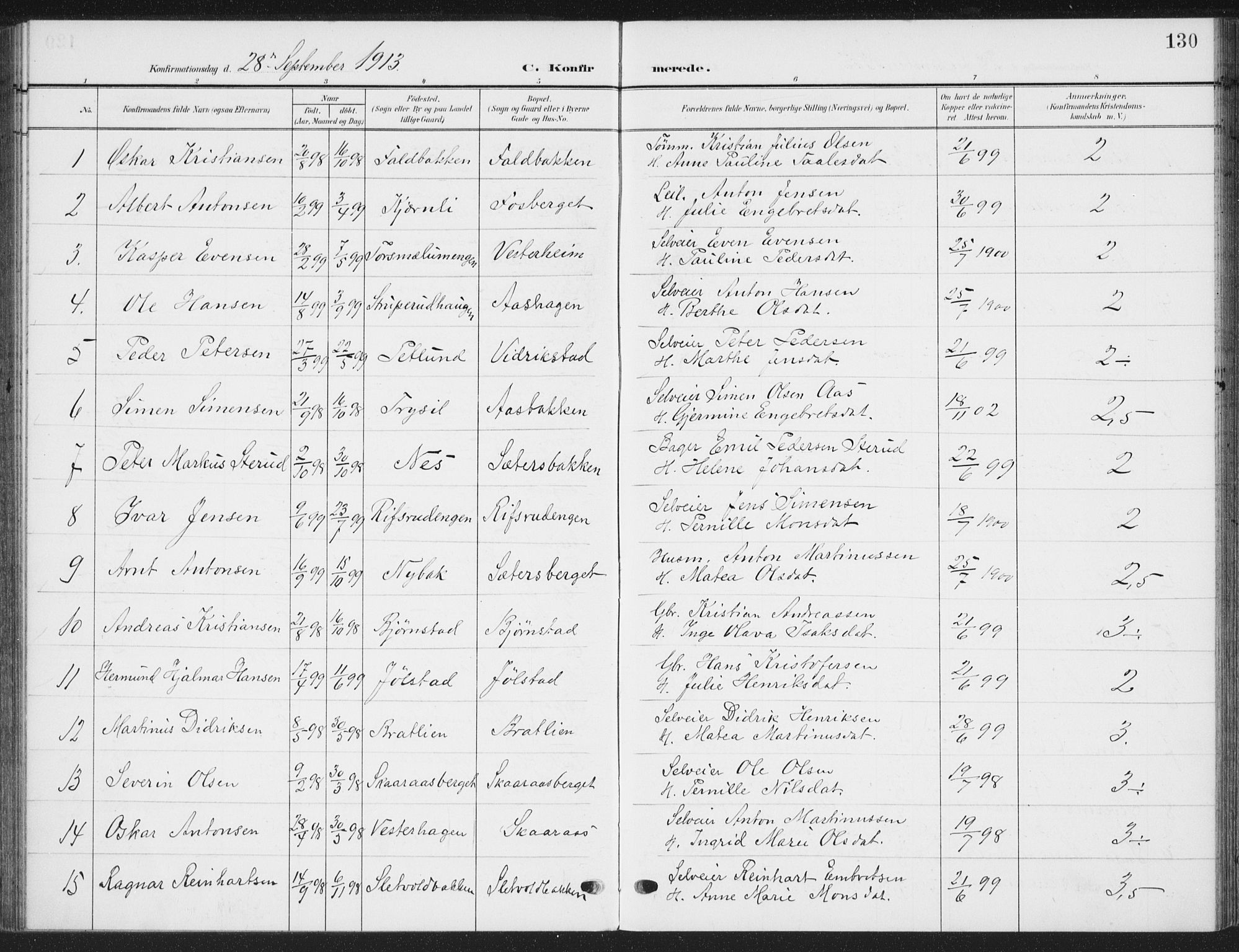 Romedal prestekontor, AV/SAH-PREST-004/K/L0009: Parish register (official) no. 9, 1906-1929, p. 130