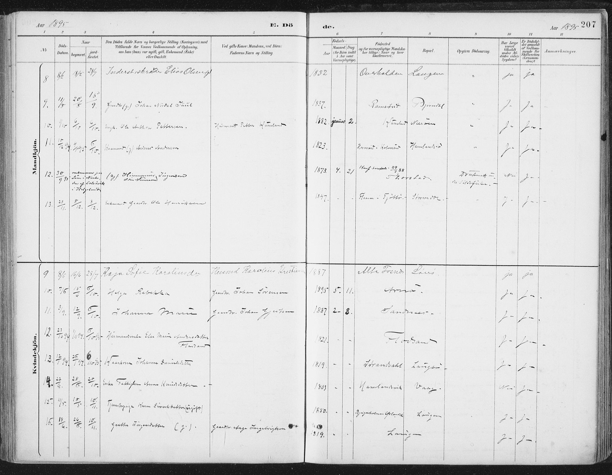 Ministerialprotokoller, klokkerbøker og fødselsregistre - Nord-Trøndelag, SAT/A-1458/784/L0673: Parish register (official) no. 784A08, 1888-1899, p. 207