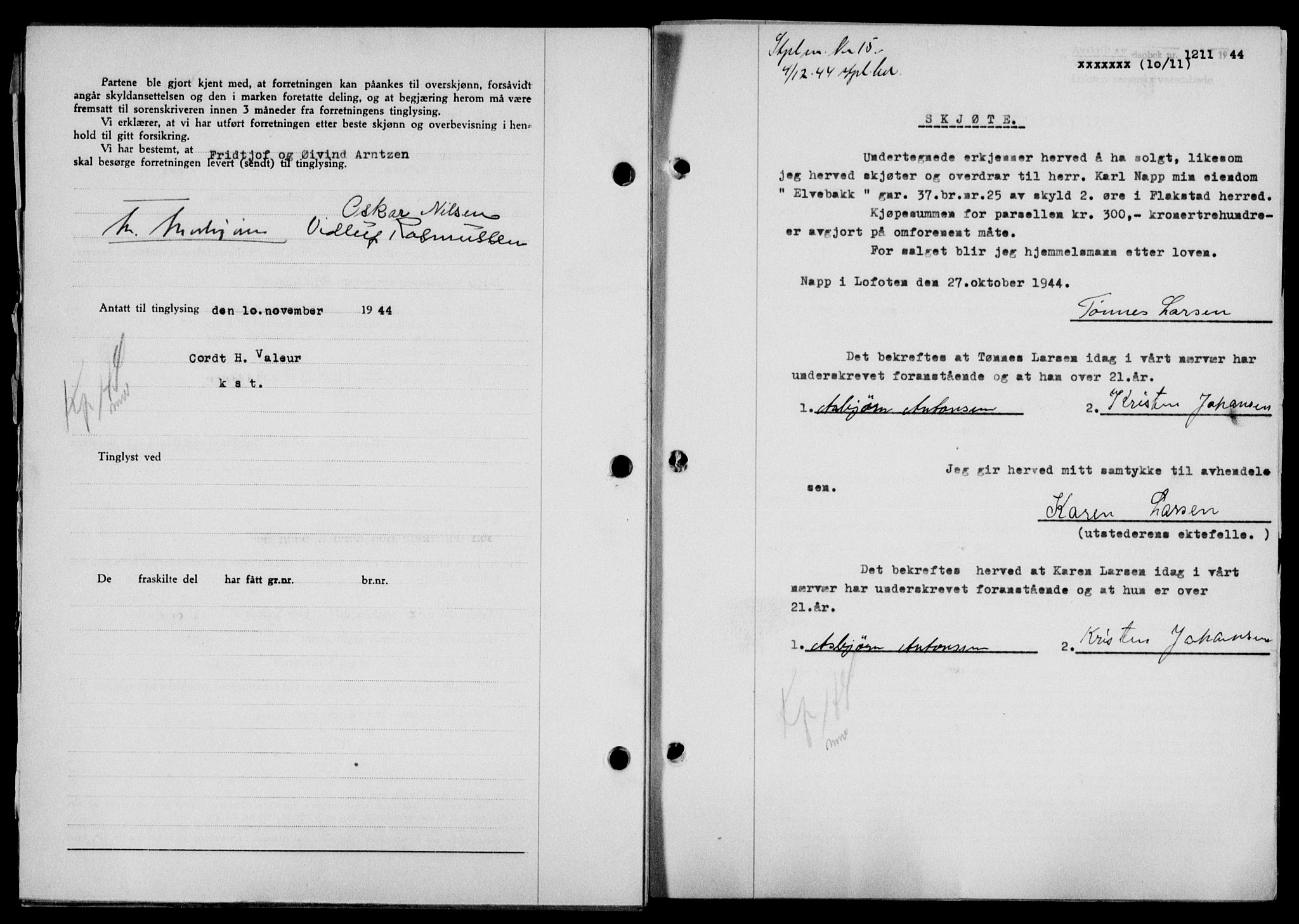 Lofoten sorenskriveri, SAT/A-0017/1/2/2C/L0012a: Mortgage book no. 12a, 1943-1944, Diary no: : 1211/1944