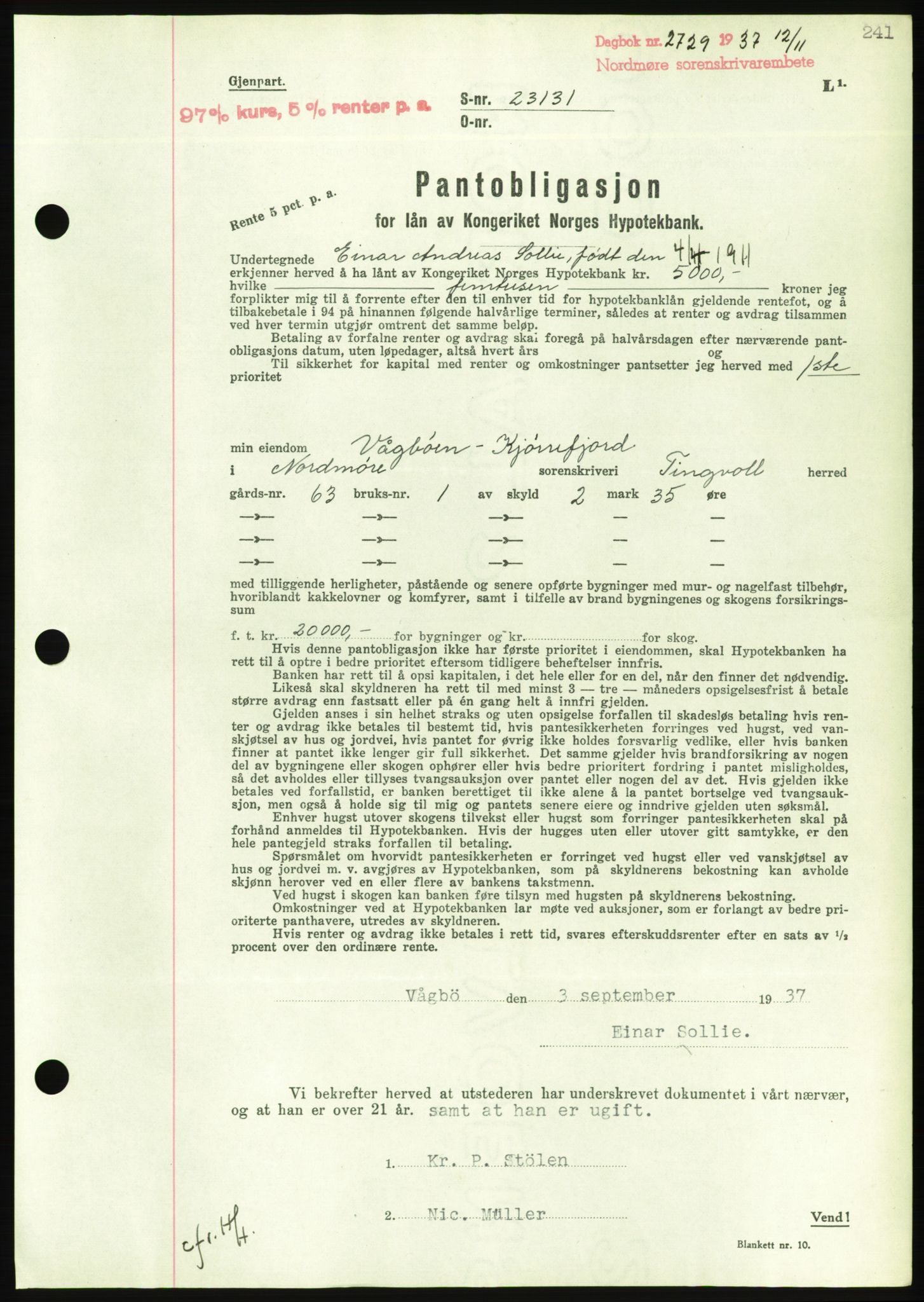 Nordmøre sorenskriveri, AV/SAT-A-4132/1/2/2Ca/L0092: Mortgage book no. B82, 1937-1938, Diary no: : 2729/1937