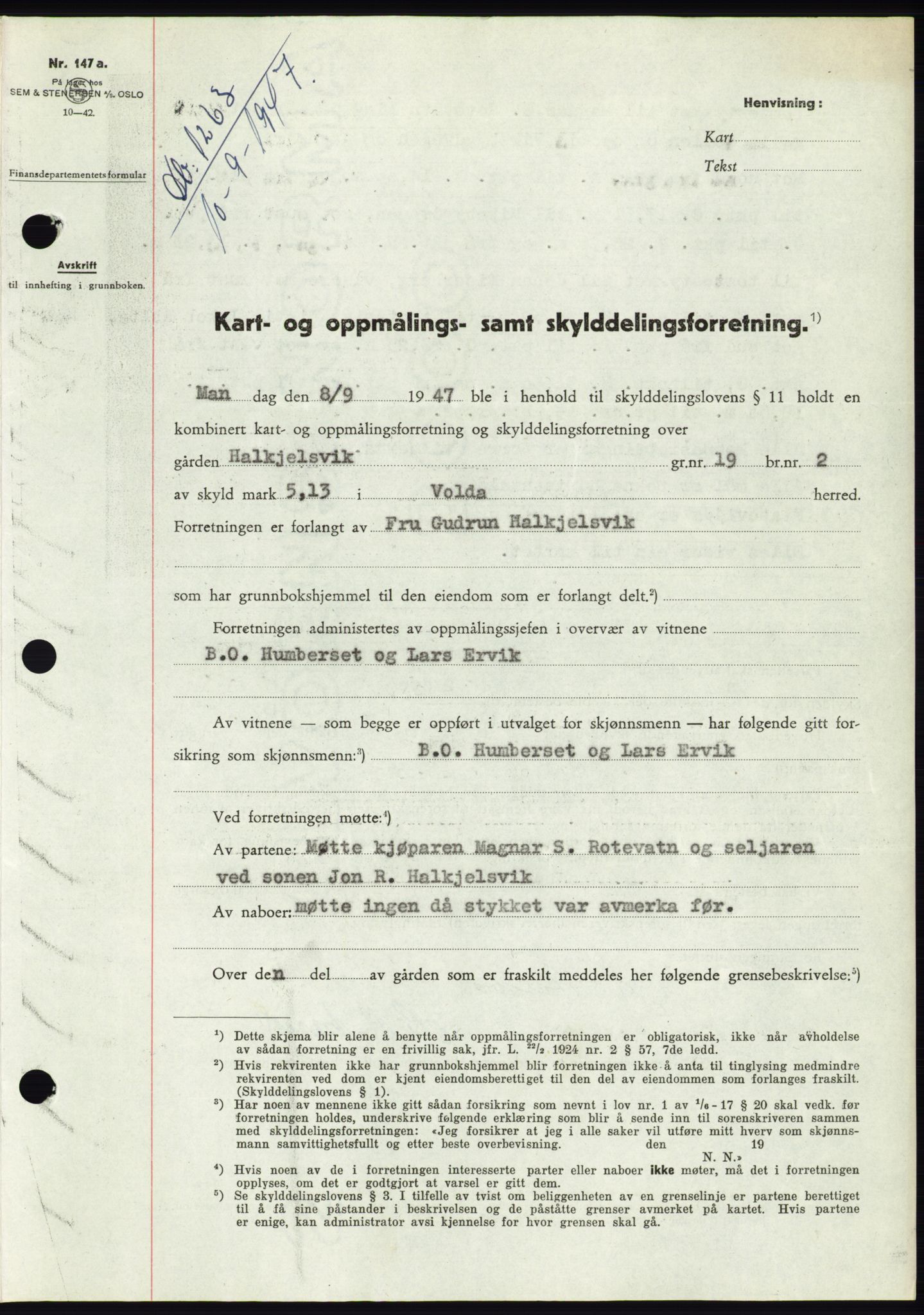 Søre Sunnmøre sorenskriveri, AV/SAT-A-4122/1/2/2C/L0081: Mortgage book no. 7A, 1947-1948, Diary no: : 1263/1947