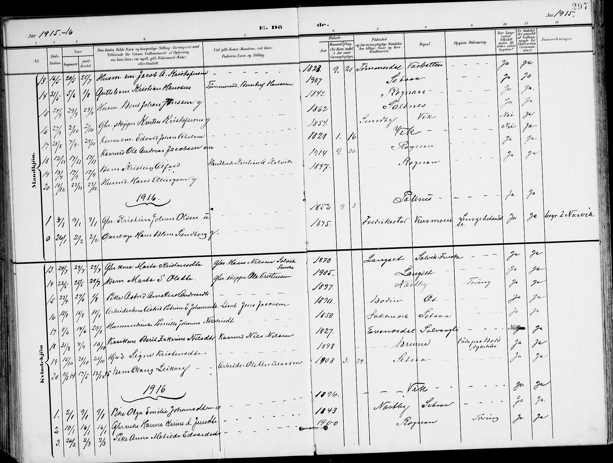 Ministerialprotokoller, klokkerbøker og fødselsregistre - Nordland, AV/SAT-A-1459/847/L0672: Parish register (official) no. 847A12, 1902-1919, p. 297