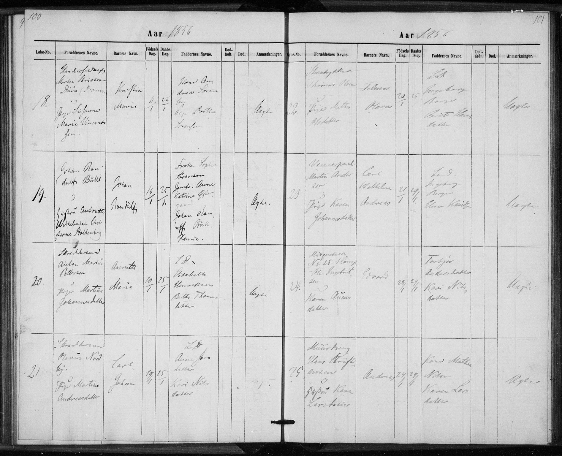 Rikshospitalet prestekontor Kirkebøker, AV/SAO-A-10309b/K/L0002/0001: Baptism register no. 2.1, 1854-1860, p. 100-101