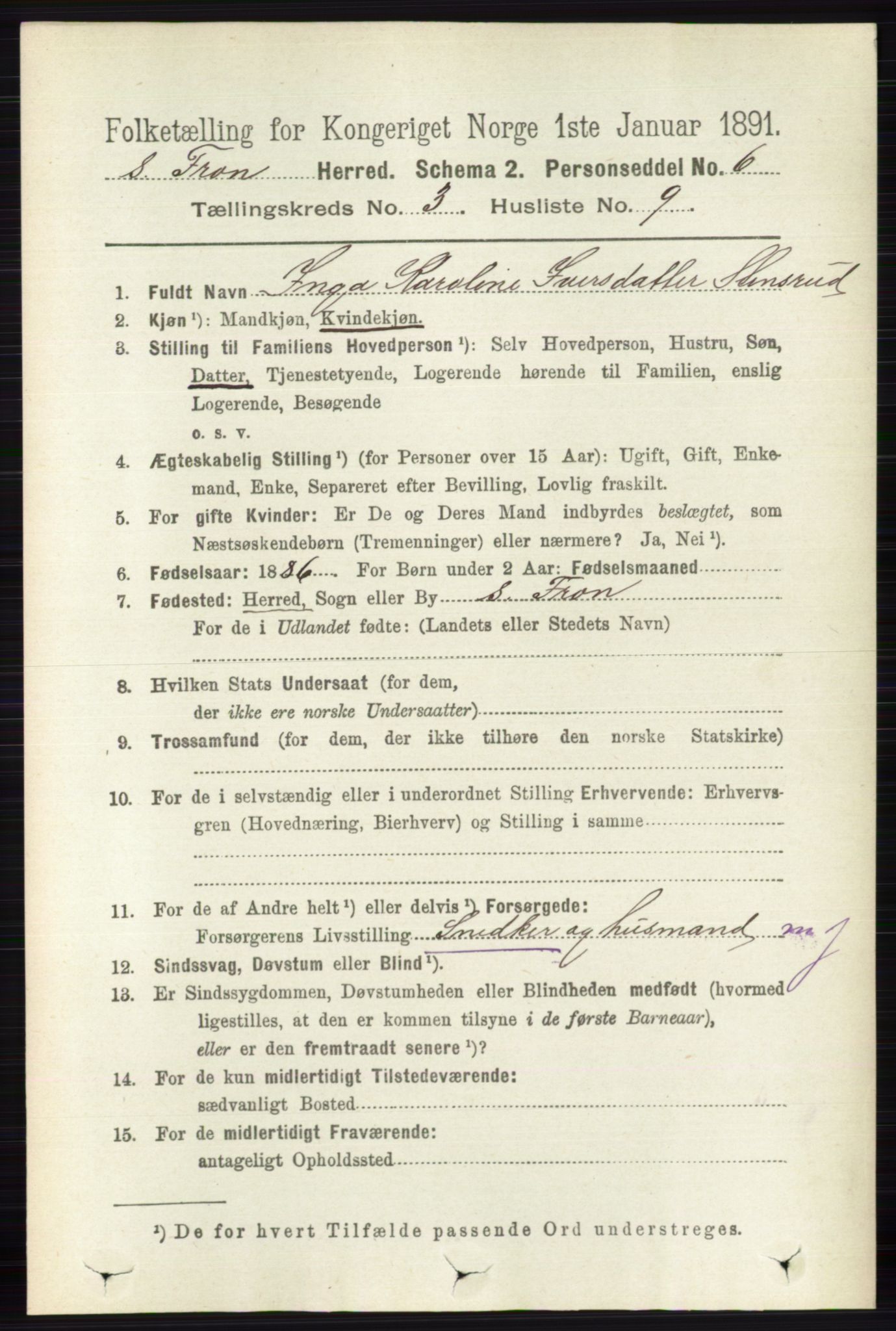 RA, 1891 census for 0519 Sør-Fron, 1891, p. 1015