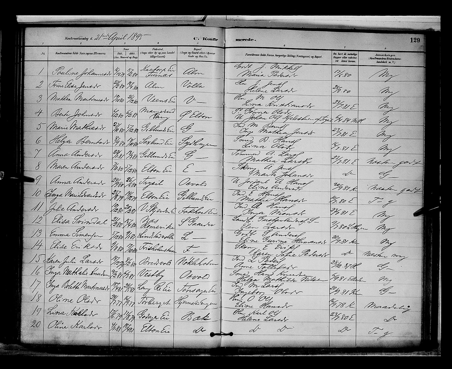 Stange prestekontor, AV/SAH-PREST-002/L/L0009: Parish register (copy) no. 9, 1883-1899, p. 129