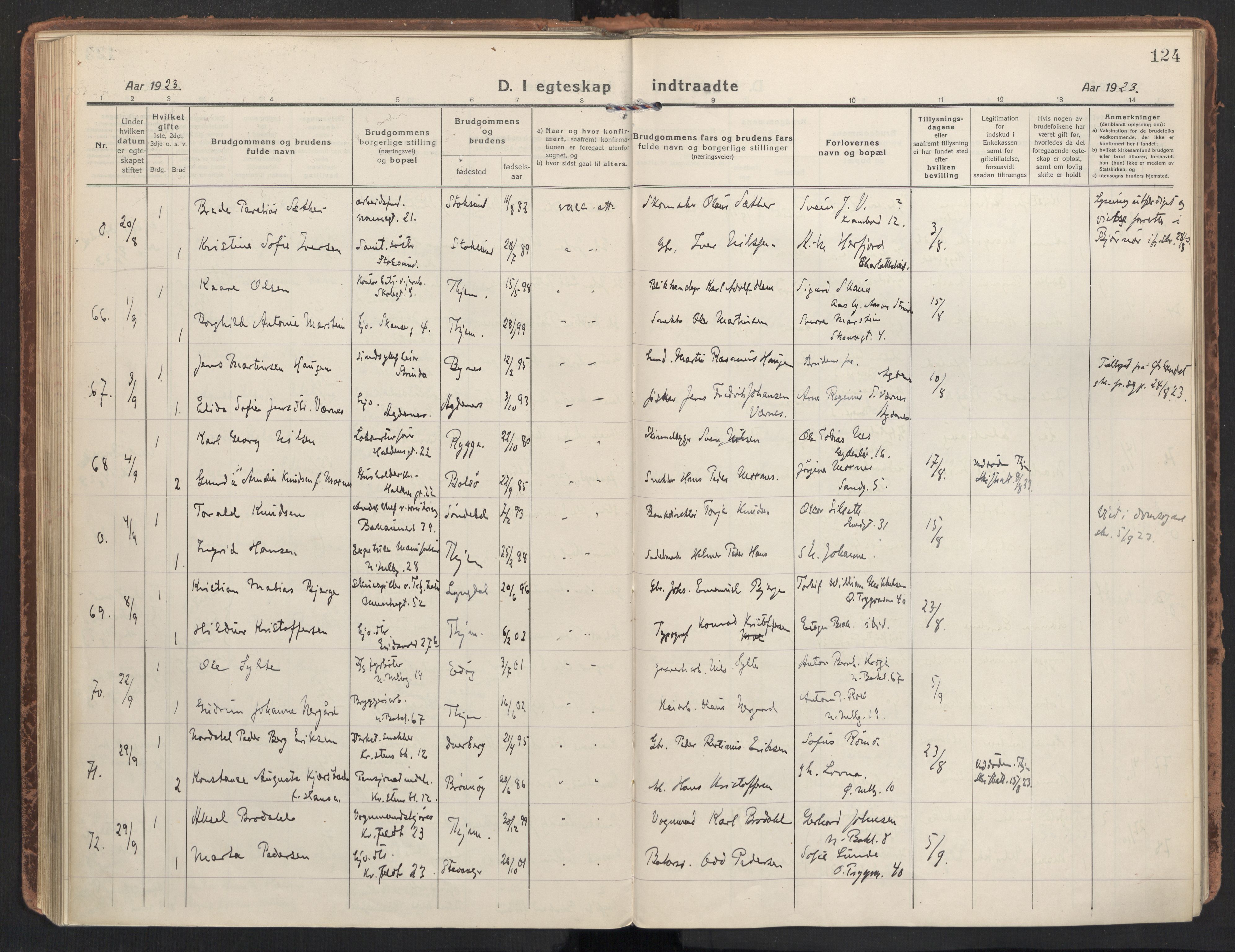 Ministerialprotokoller, klokkerbøker og fødselsregistre - Sør-Trøndelag, AV/SAT-A-1456/604/L0206: Parish register (official) no. 604A26, 1917-1931, p. 124