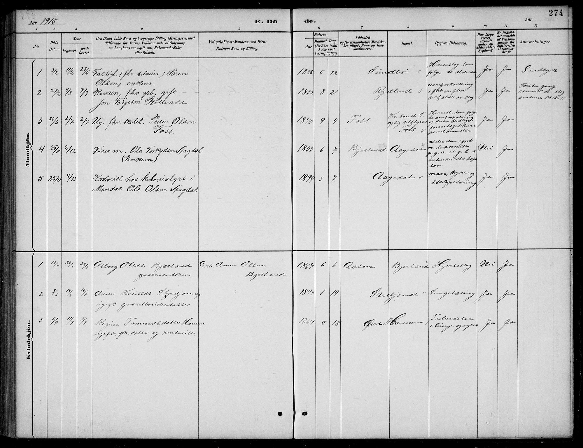 Bjelland sokneprestkontor, SAK/1111-0005/F/Fb/Fba/L0005: Parish register (copy) no. B 5, 1887-1923, p. 274
