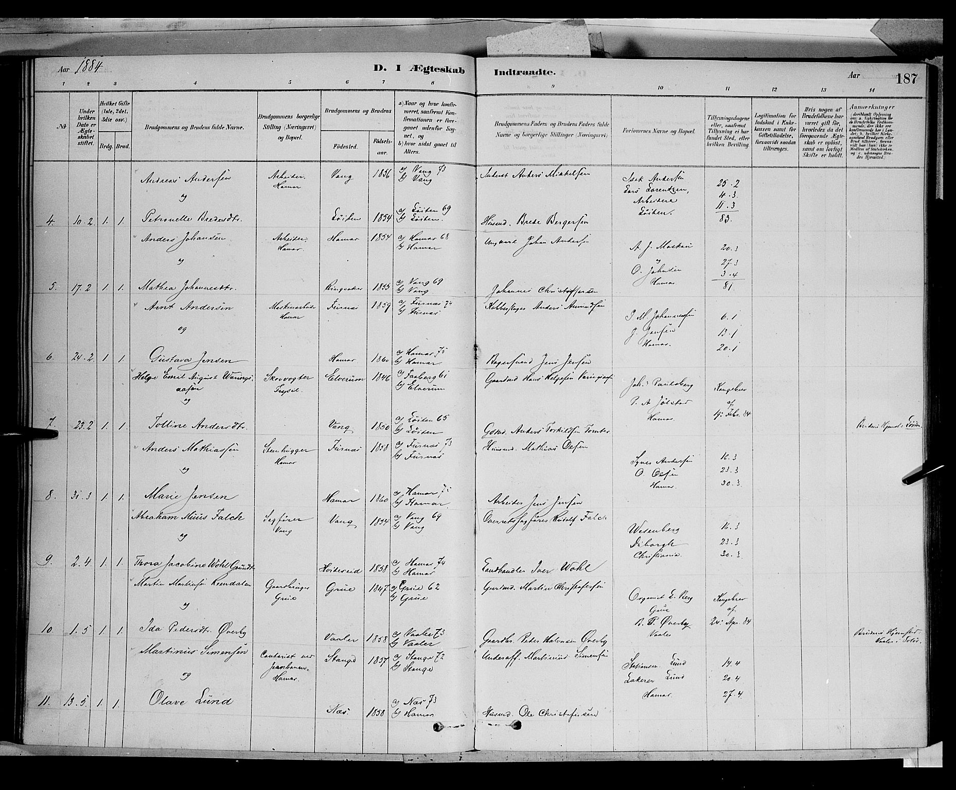 Vang prestekontor, Hedmark, SAH/PREST-008/H/Ha/Haa/L0016: Parish register (official) no. 16, 1878-1889, p. 187