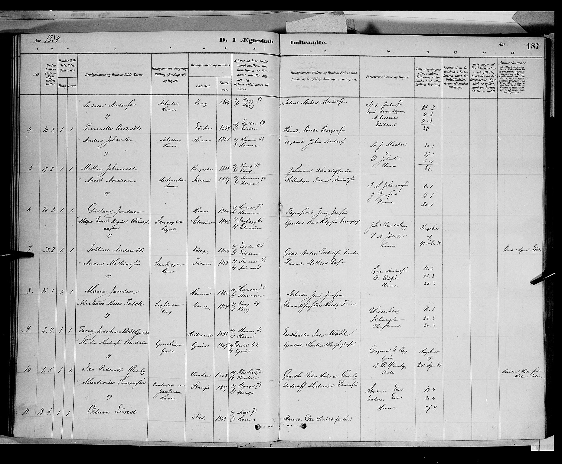 Vang prestekontor, Hedmark, AV/SAH-PREST-008/H/Ha/Haa/L0016: Parish register (official) no. 16, 1878-1889, p. 187