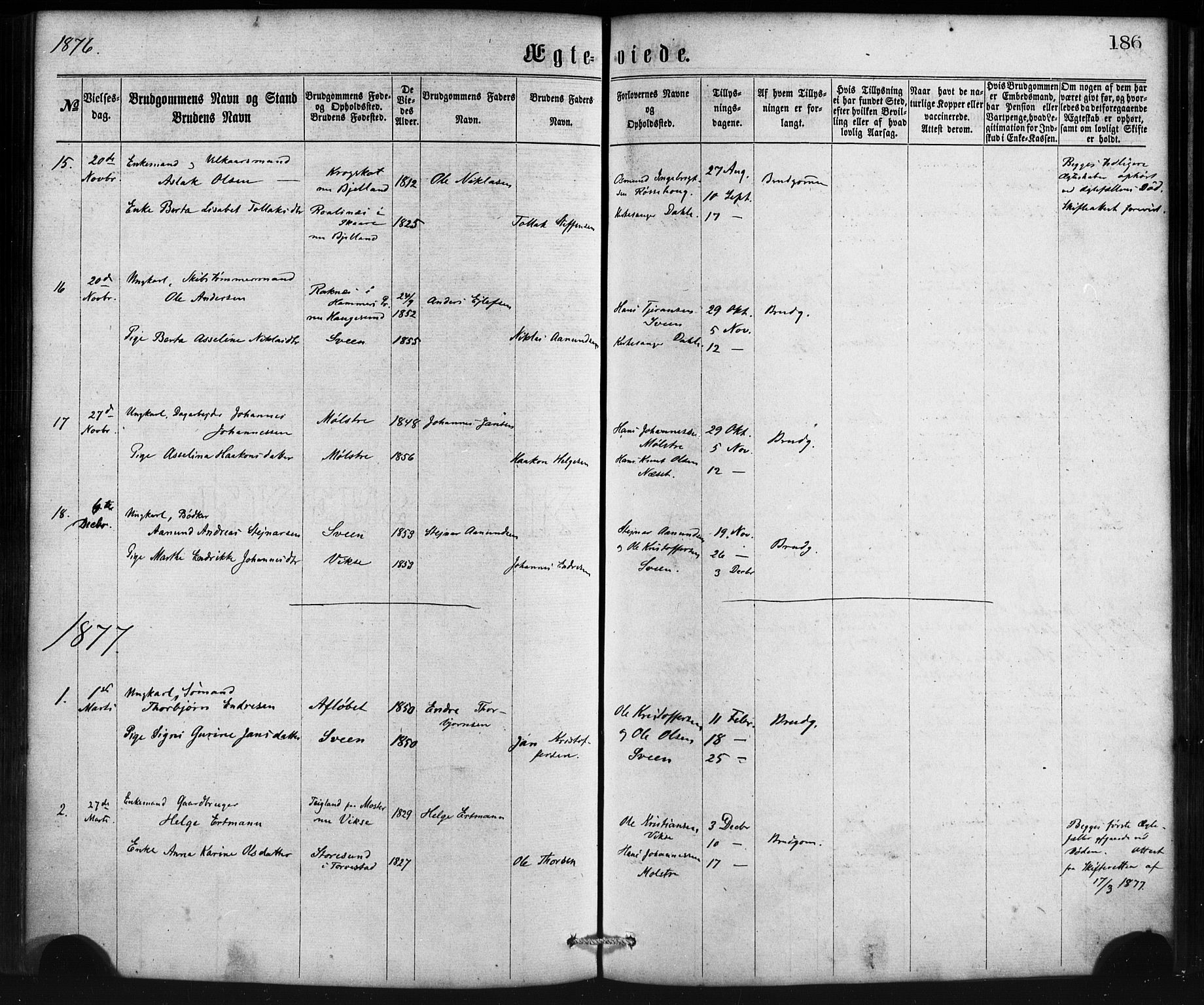 Sveio Sokneprestembete, AV/SAB-A-78501/H/Haa: Parish register (official) no. B 1, 1870-1883, p. 186