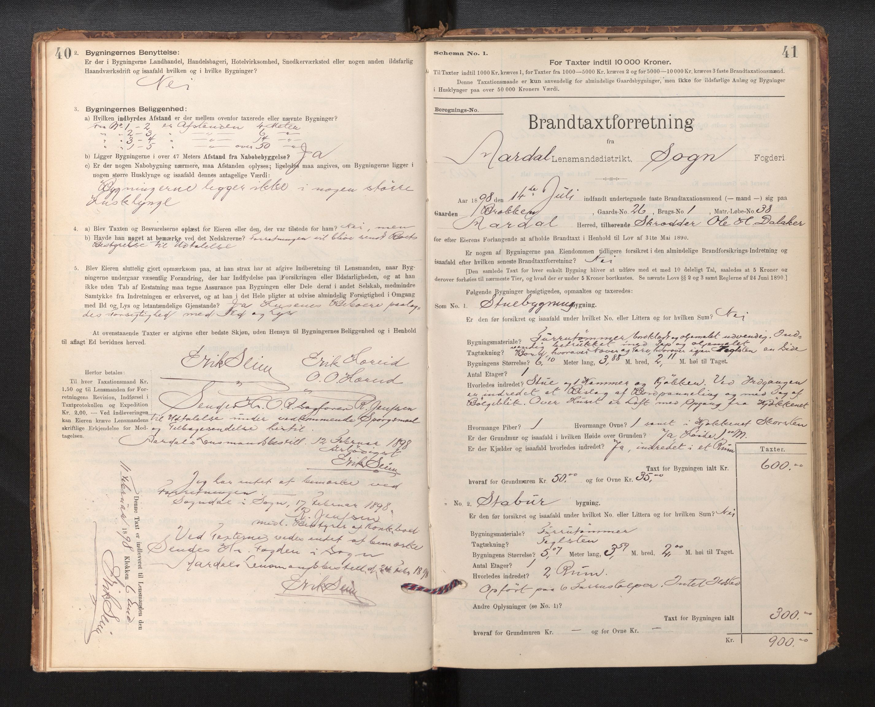 Lensmannen i Årdal, SAB/A-30501/0012/L0008: Branntakstprotokoll, skjematakst, 1895-1915, p. 40-41
