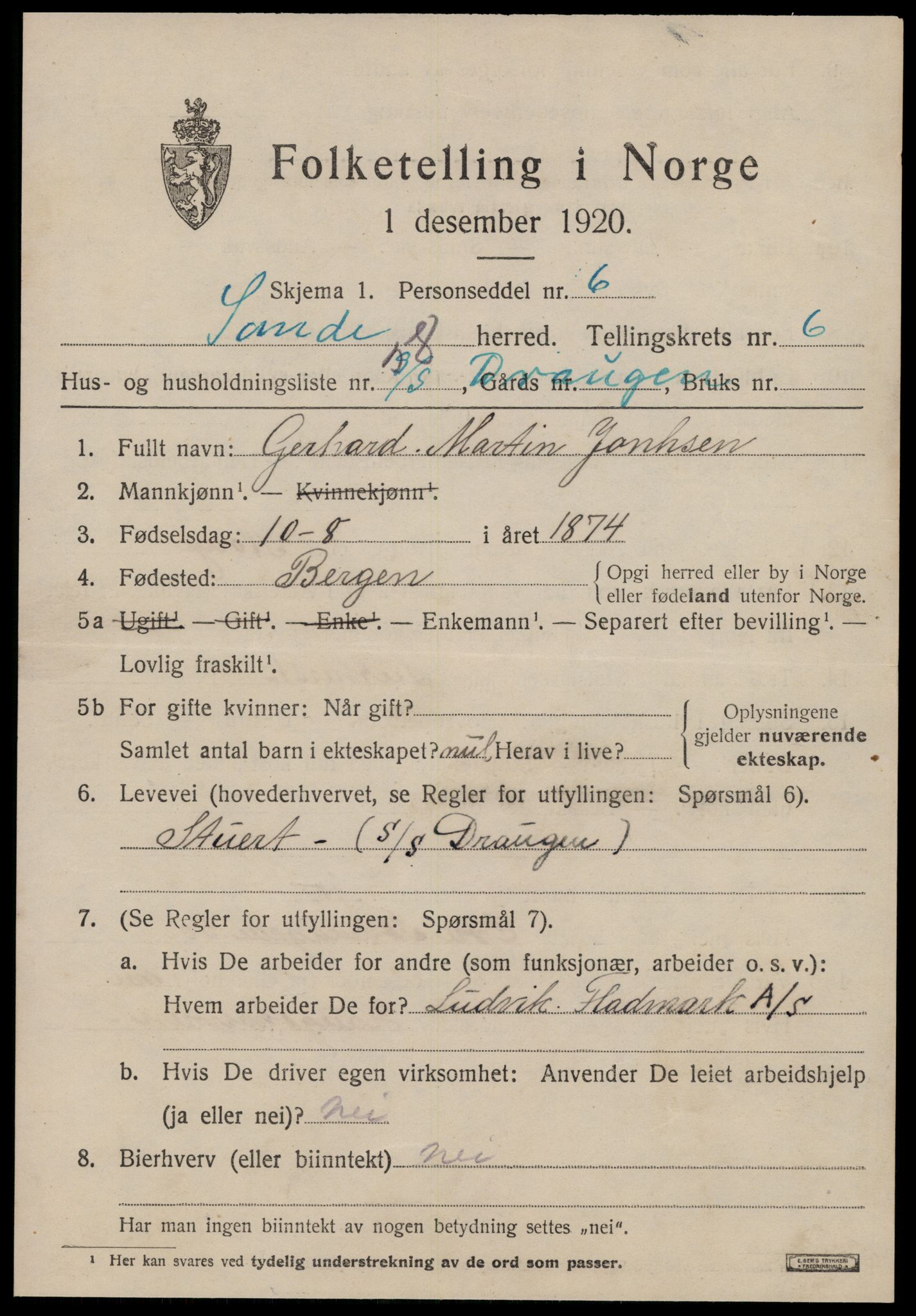 SAT, 1920 census for Sande (MR), 1920, p. 4268