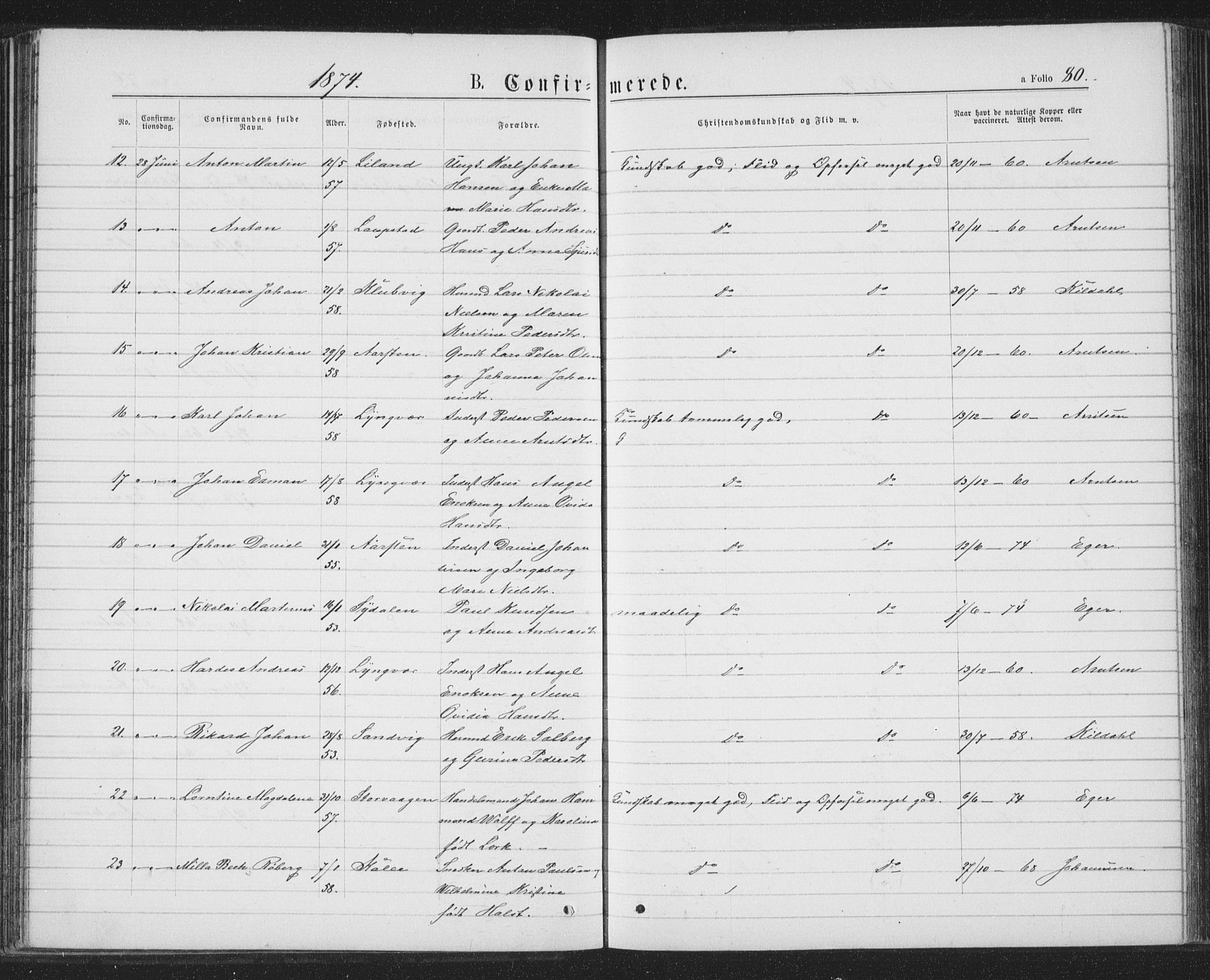 Ministerialprotokoller, klokkerbøker og fødselsregistre - Nordland, AV/SAT-A-1459/874/L1074: Parish register (copy) no. 874C03, 1870-1876, p. 80