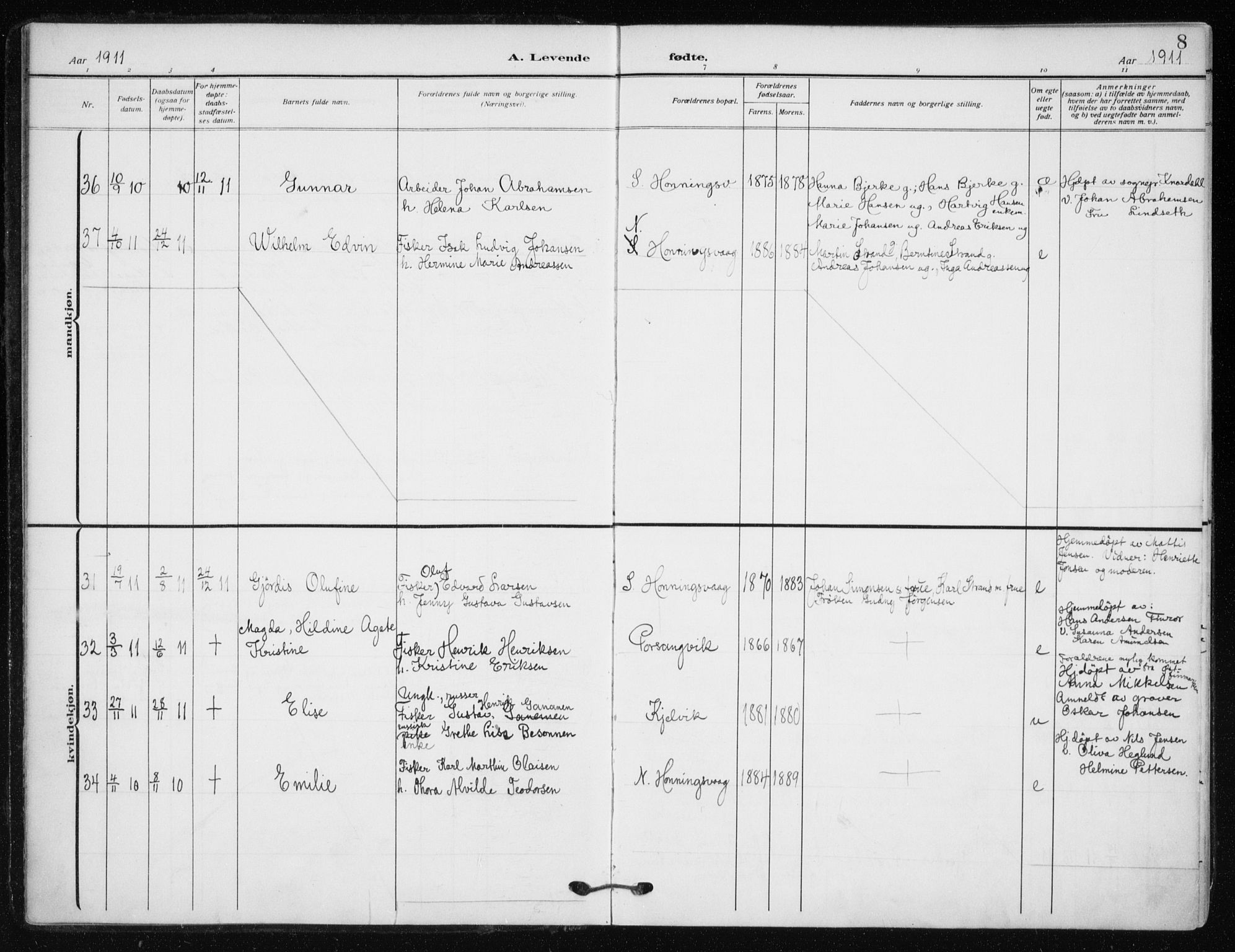 Kjelvik/Nordkapp sokneprestkontor, SATØ/S-1350/H/Ha/L0001kirke: Parish register (official) no. 1, 1911-1919, p. 8