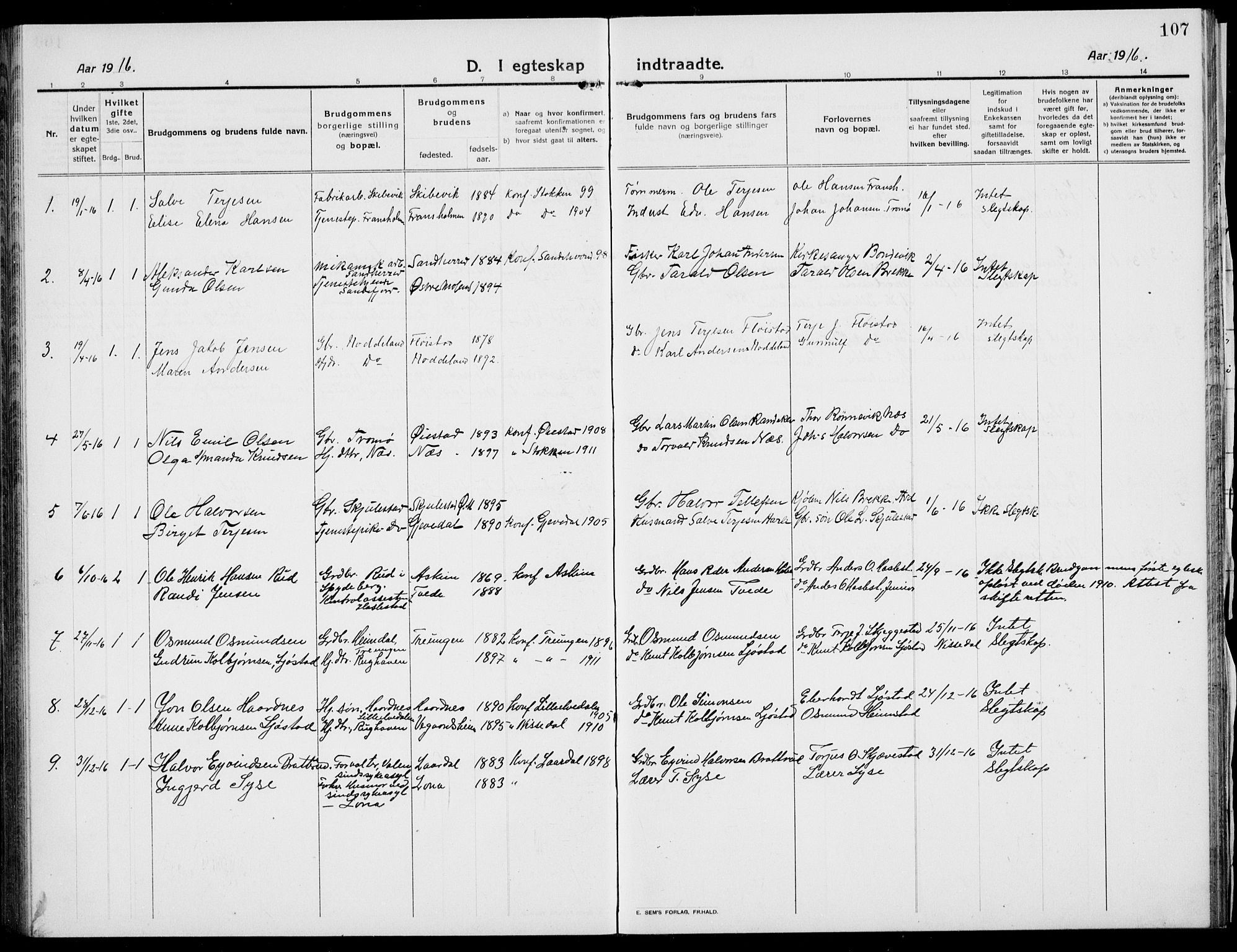 Austre Moland sokneprestkontor, SAK/1111-0001/F/Fb/Fba/L0005: Parish register (copy) no. B 4b, 1914-1935, p. 107