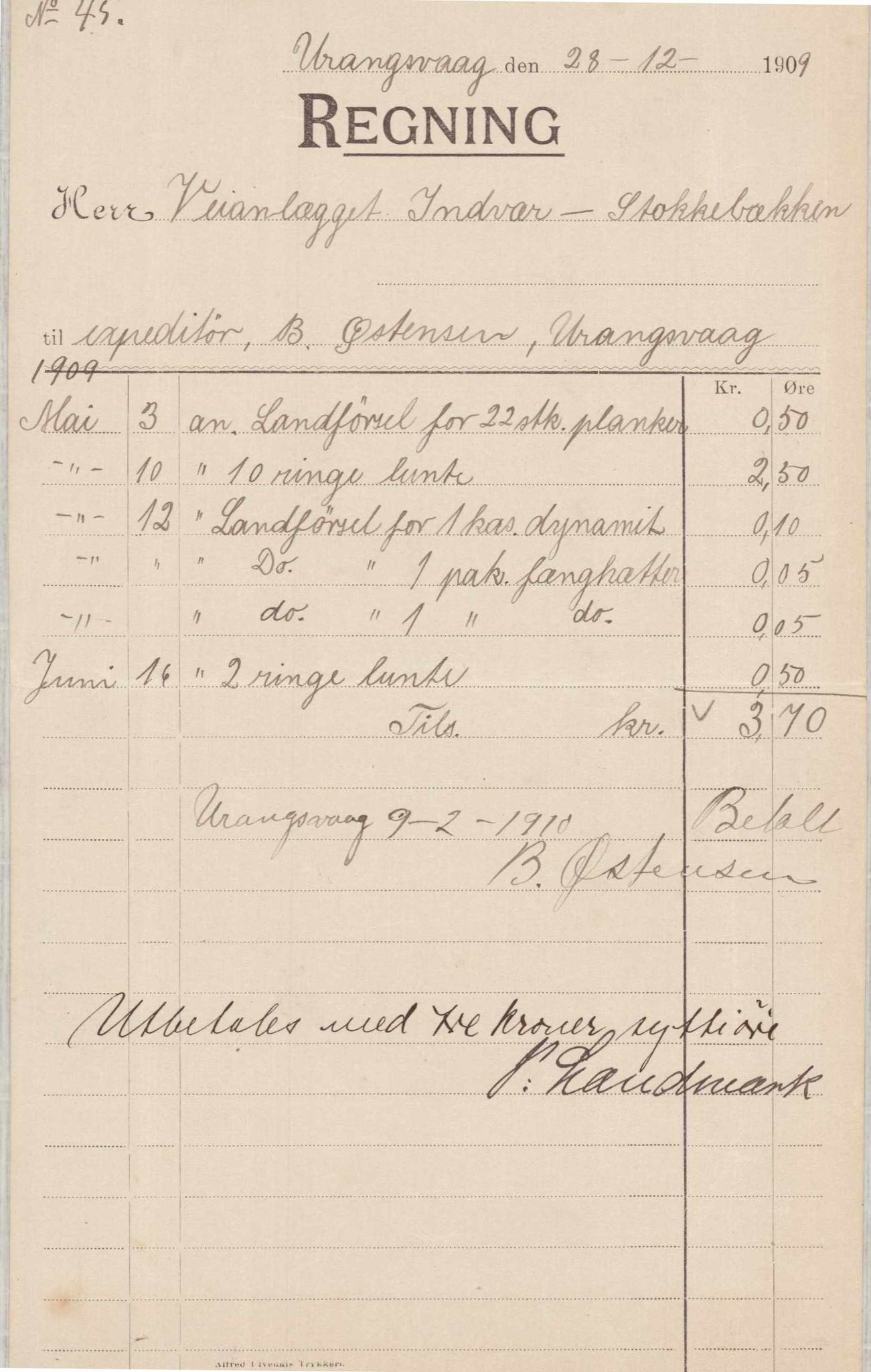 Finnaas kommune. Formannskapet, IKAH/1218a-021/E/Ea/L0001/0001: Rekneskap for veganlegg / Rekneskap for veganlegget Indvær - Stokkabakken, 1910-1915, p. 7