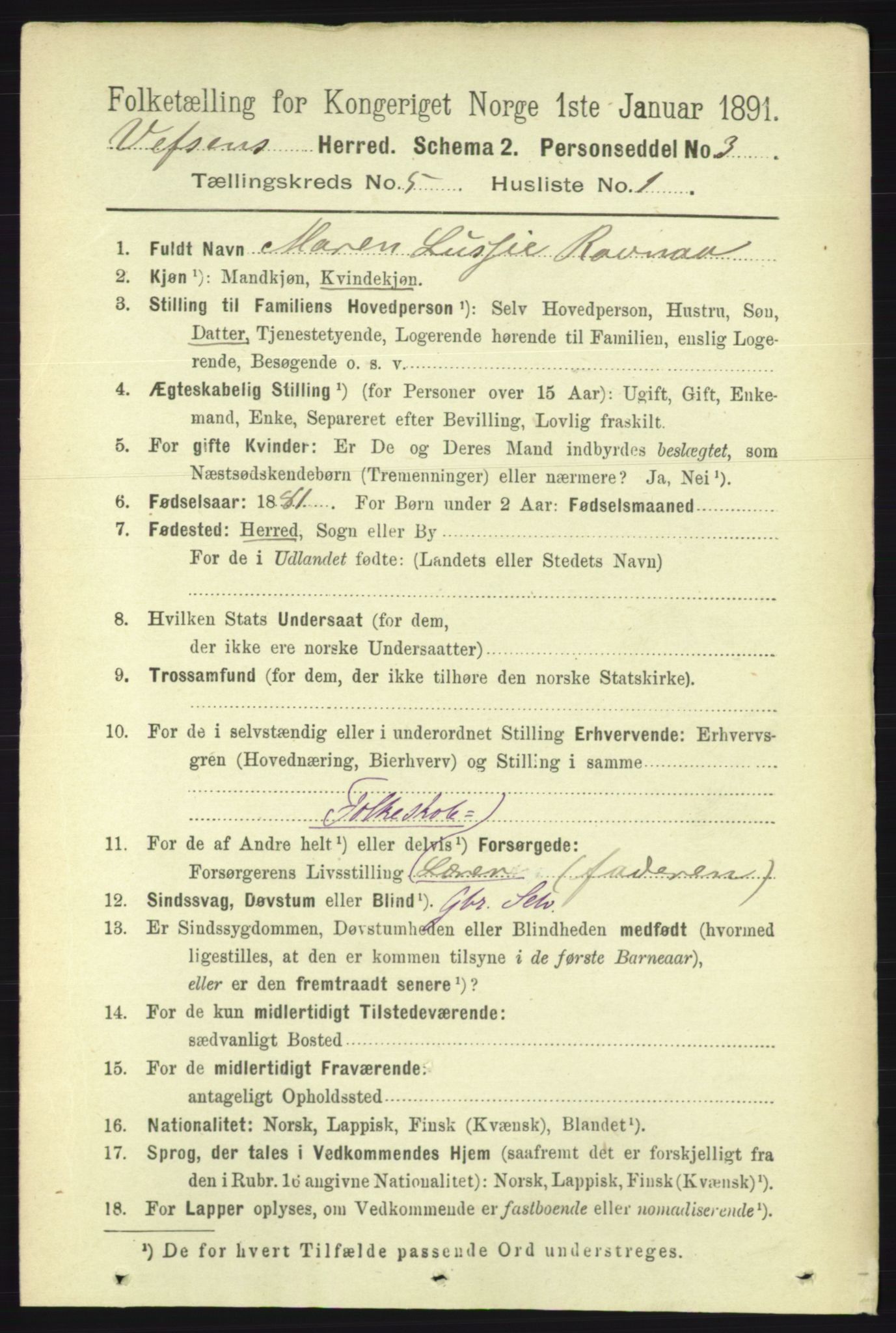 RA, 1891 census for 1824 Vefsn, 1891, p. 2087