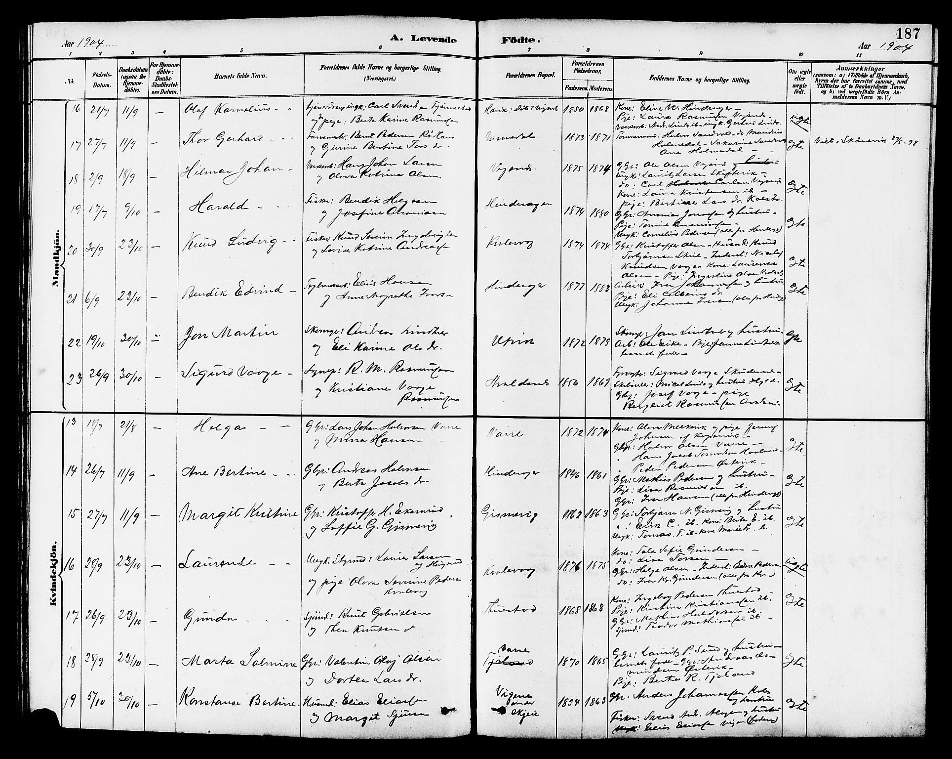 Avaldsnes sokneprestkontor, AV/SAST-A -101851/H/Ha/Hab/L0007: Parish register (copy) no. B 7, 1885-1909, p. 187