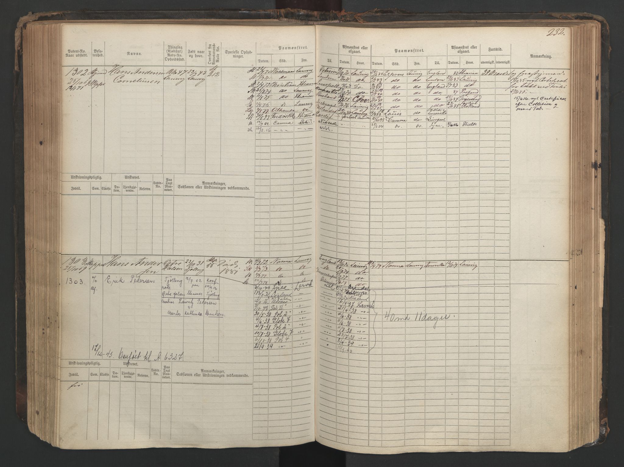 Larvik innrulleringskontor, SAKO/A-787/F/Fc/L0003: Hovedrulle, 1868, p. 232