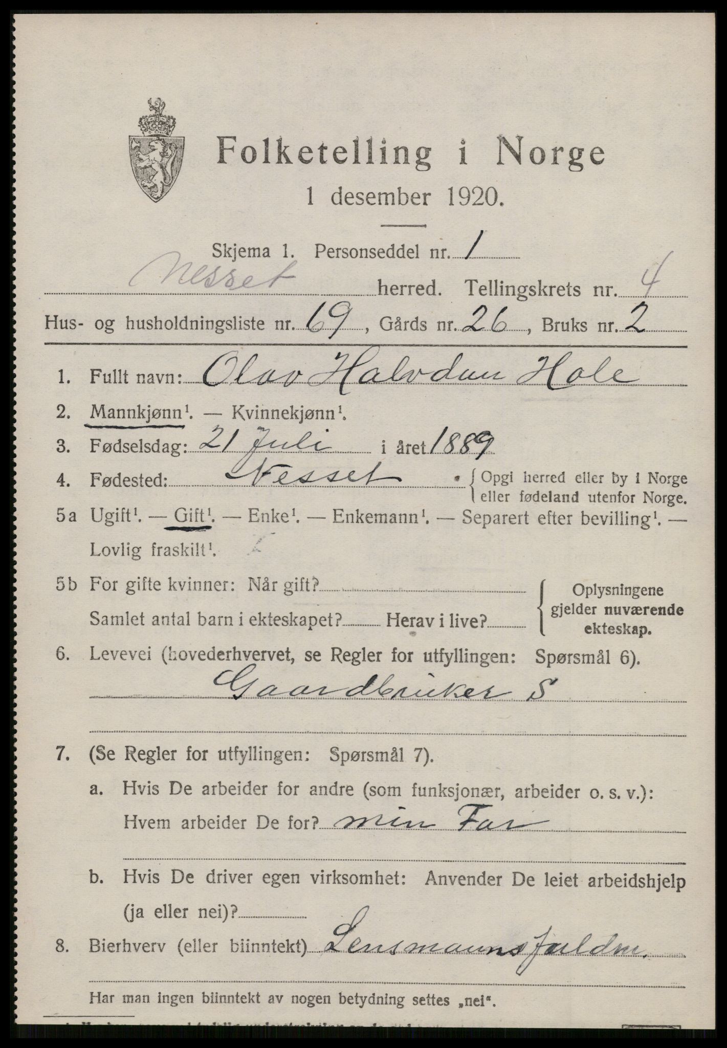 SAT, 1920 census for Nesset, 1920, p. 2196