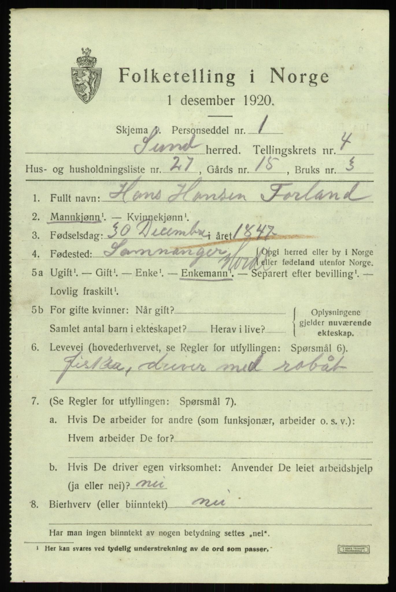 SAB, 1920 census for Sund, 1920, p. 2855