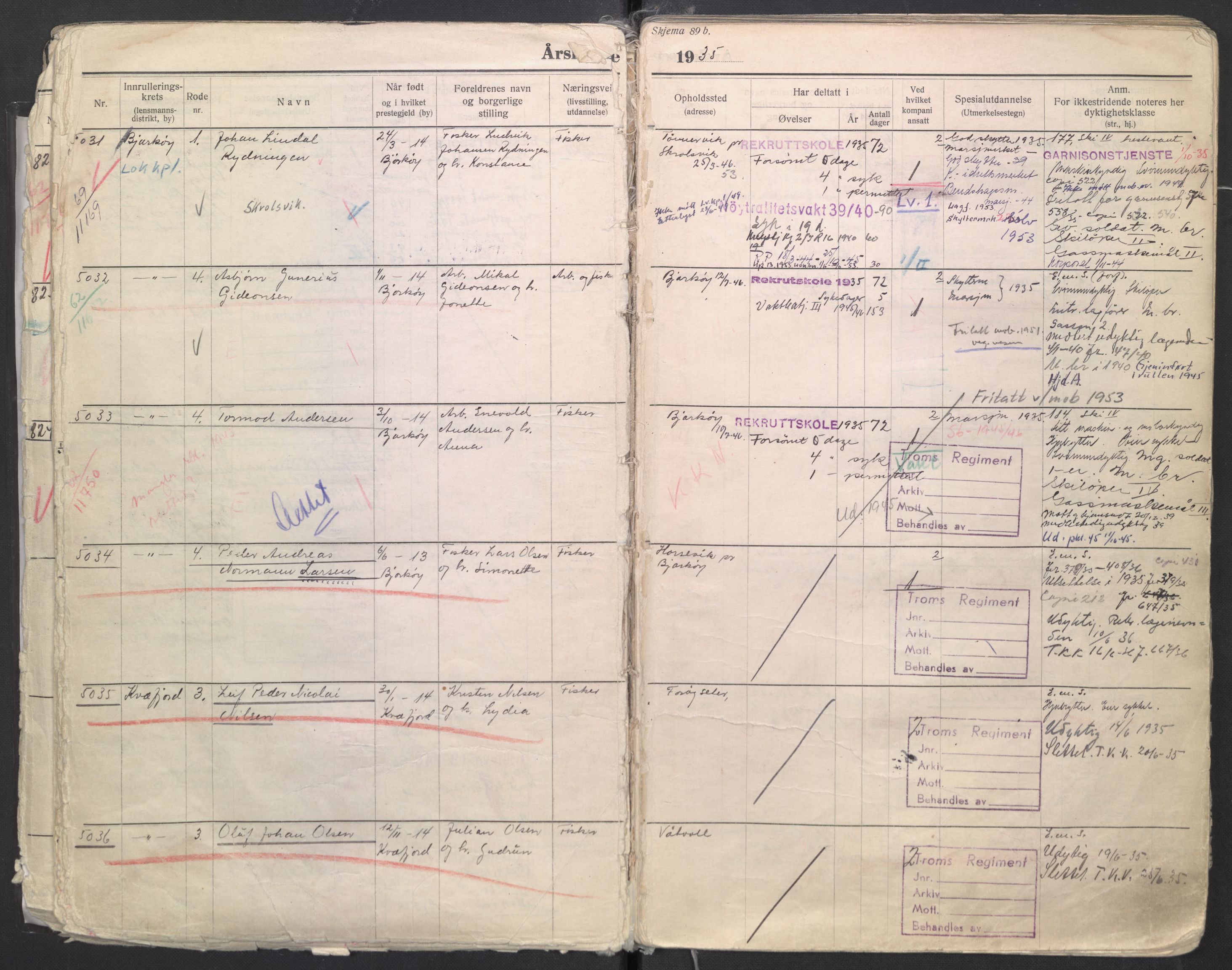 Forsvaret, Troms infanteriregiment nr. 16, AV/RA-RAFA-3146/P/Pa/L0006/0008: Ruller / Rulle for regimentets menige mannskaper, årsklasse 1935, 1935, p. 12