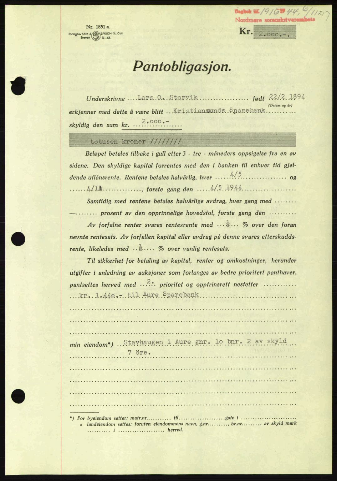 Nordmøre sorenskriveri, AV/SAT-A-4132/1/2/2Ca: Mortgage book no. B92, 1944-1945, Diary no: : 1916/1944