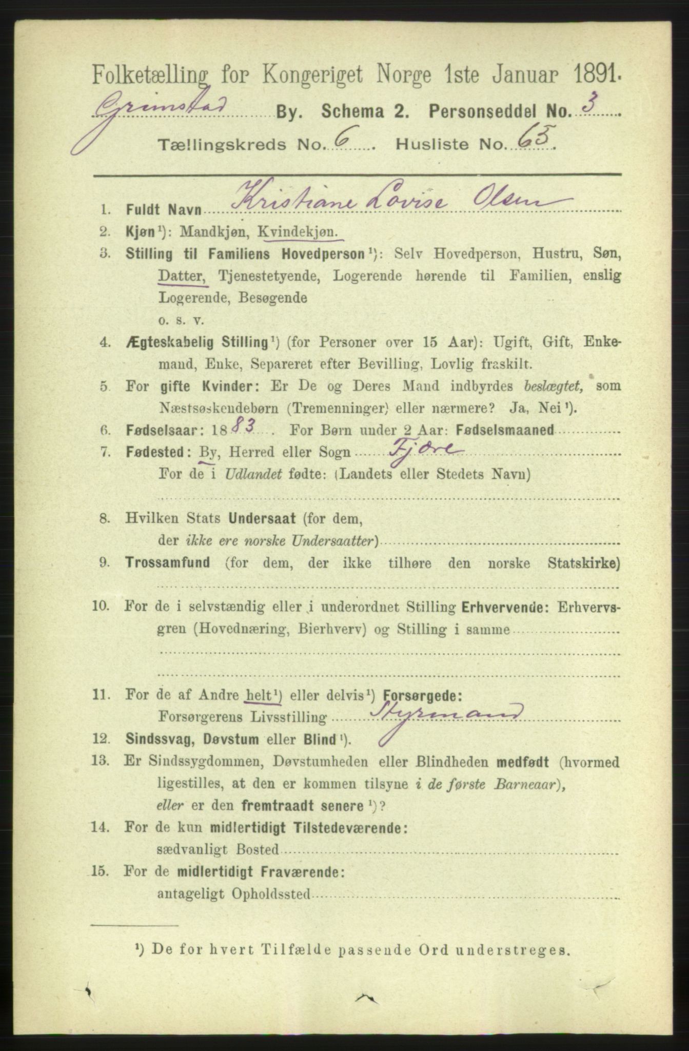 RA, 1891 census for 0904 Grimstad, 1891, p. 4161