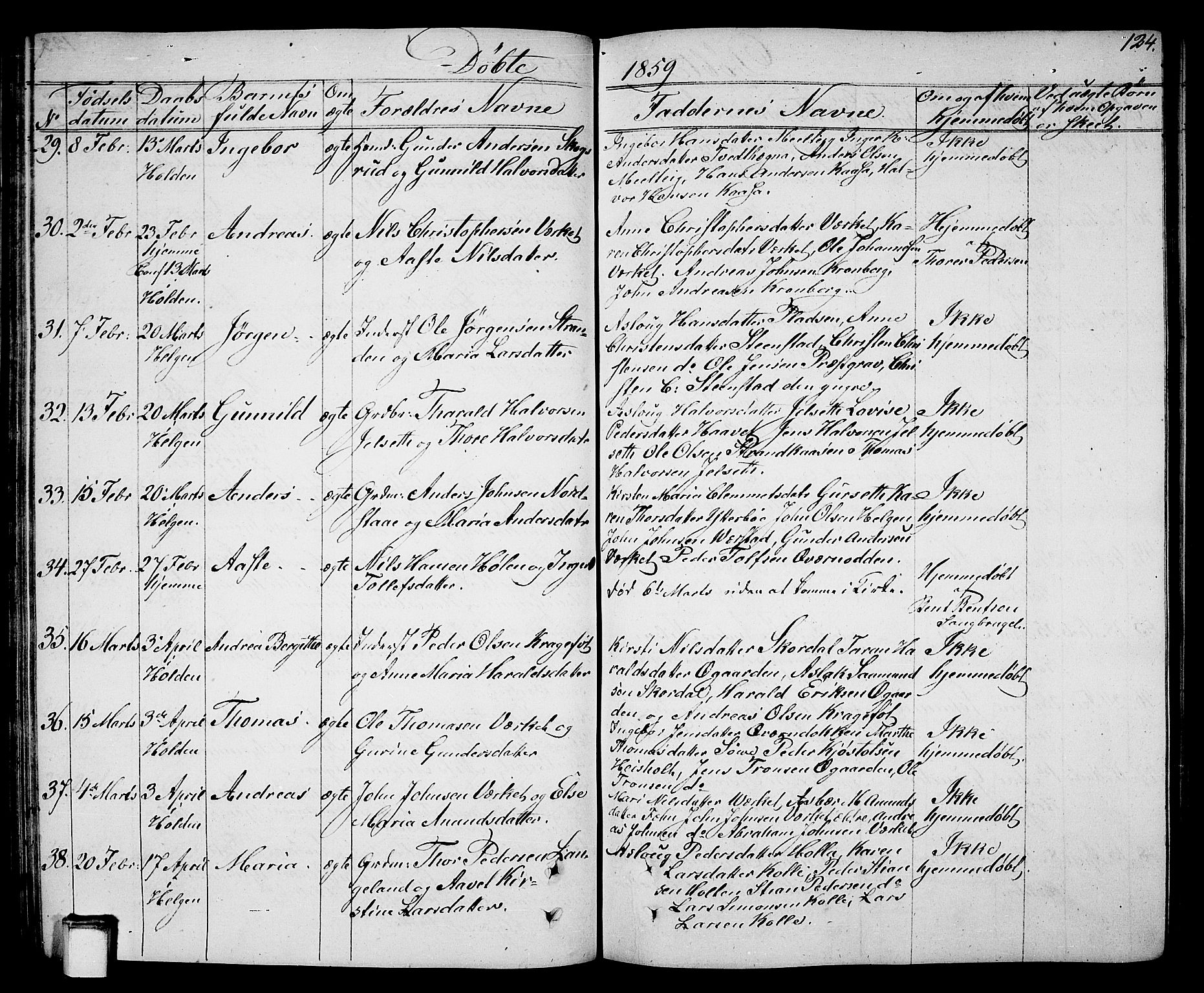 Holla kirkebøker, SAKO/A-272/G/Ga/L0003: Parish register (copy) no. I 3, 1849-1866, p. 124