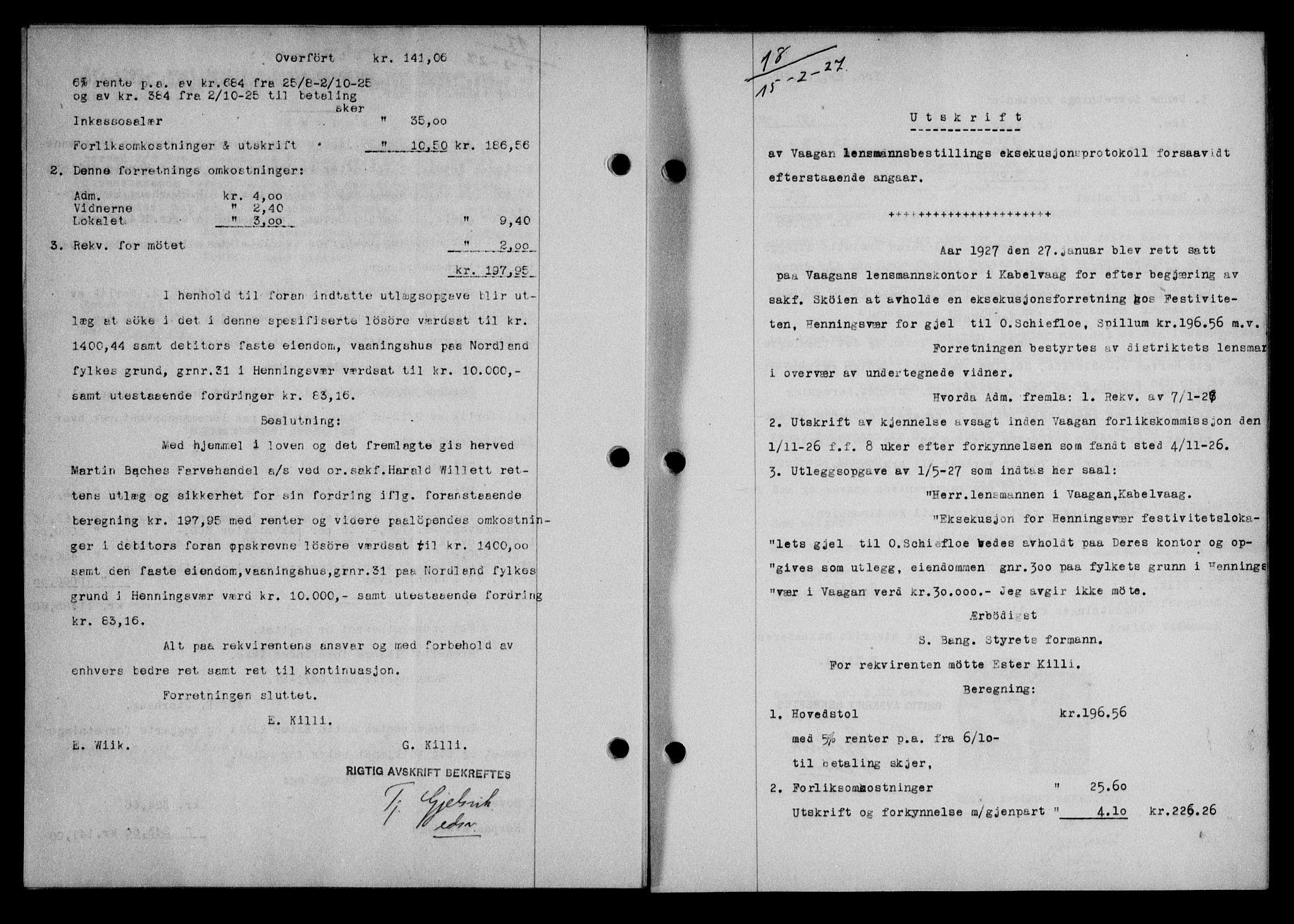 Lofoten sorenskriveri, AV/SAT-A-0017/1/2/2C/L0015b: Mortgage book no. 15b, 1927-1927, Deed date: 15.02.1927