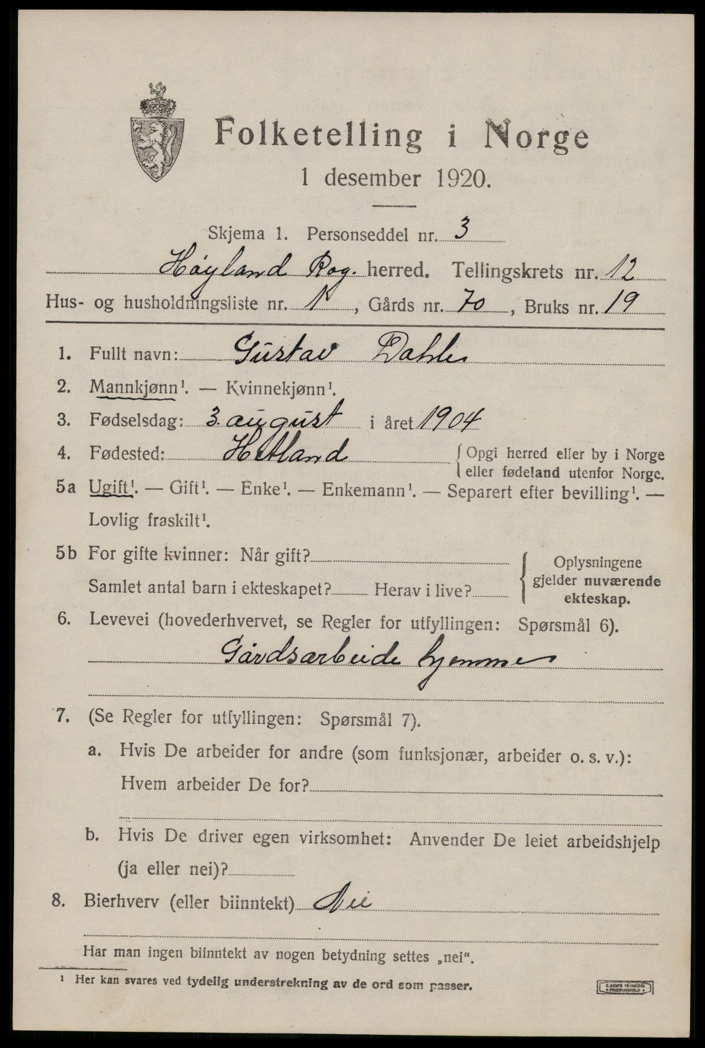 SAST, 1920 census for Høyland, 1920, p. 9318