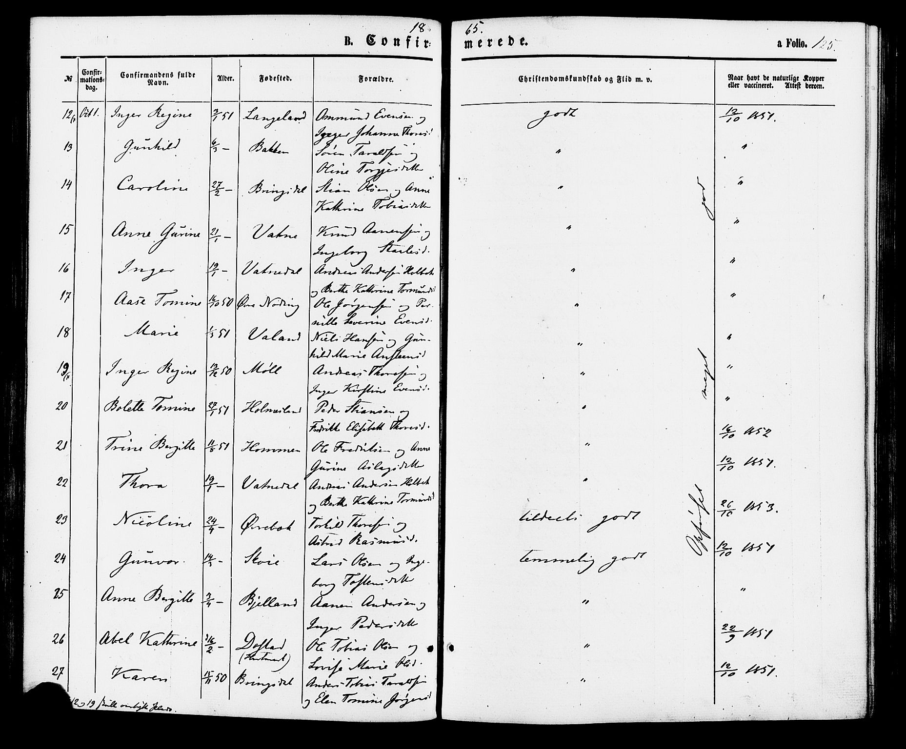 Holum sokneprestkontor, SAK/1111-0022/F/Fa/Faa/L0006: Parish register (official) no. A 6, 1865-1883, p. 125