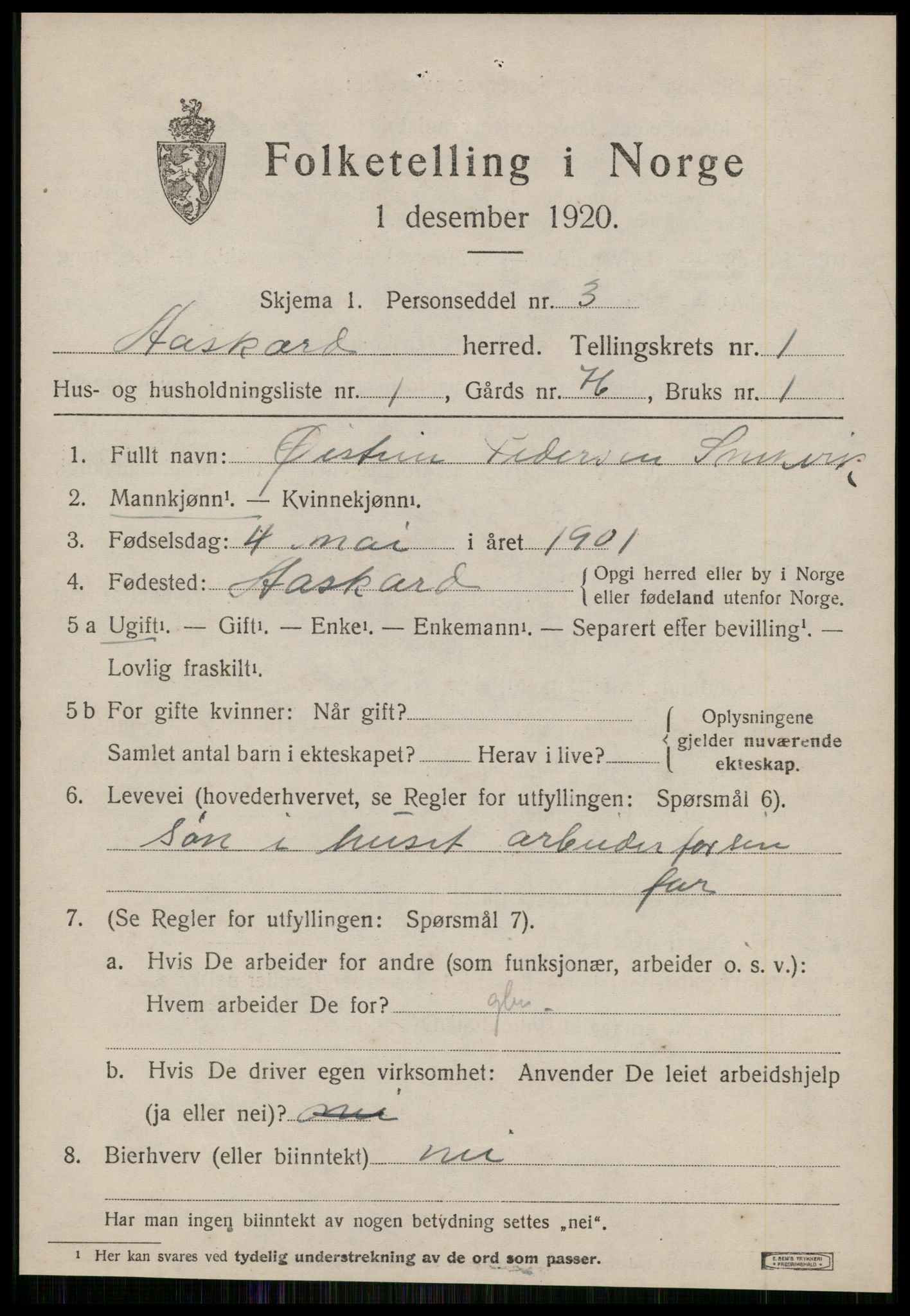 SAT, 1920 census for Åsskard, 1920, p. 315