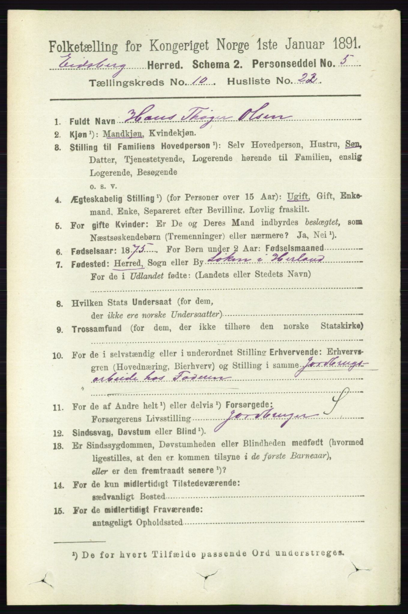 RA, 1891 census for 0125 Eidsberg, 1891, p. 5797