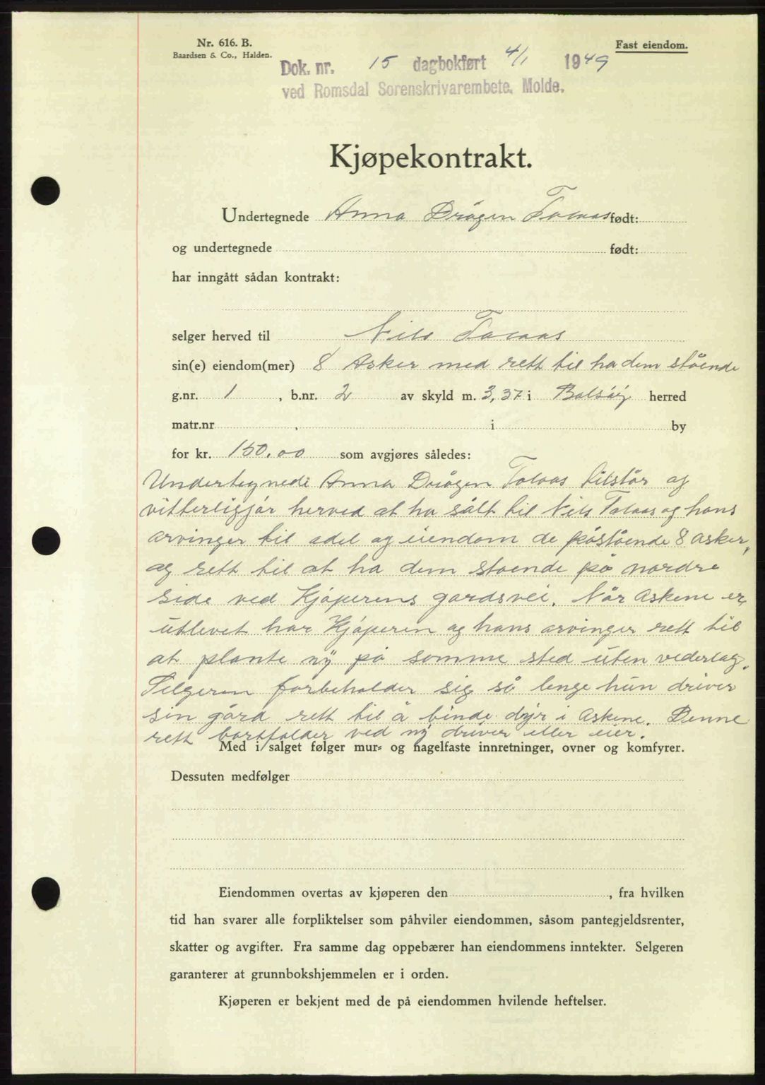 Romsdal sorenskriveri, AV/SAT-A-4149/1/2/2C: Mortgage book no. A28, 1948-1949, Diary no: : 15/1949