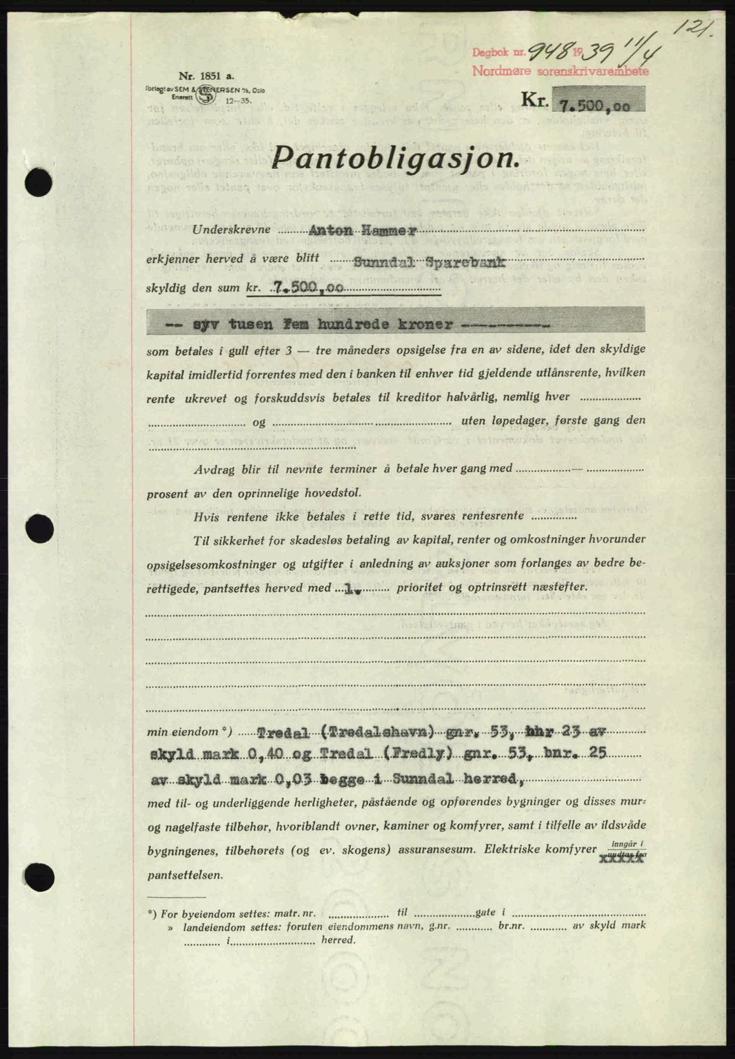 Nordmøre sorenskriveri, AV/SAT-A-4132/1/2/2Ca: Mortgage book no. B85, 1939-1939, Diary no: : 948/1939