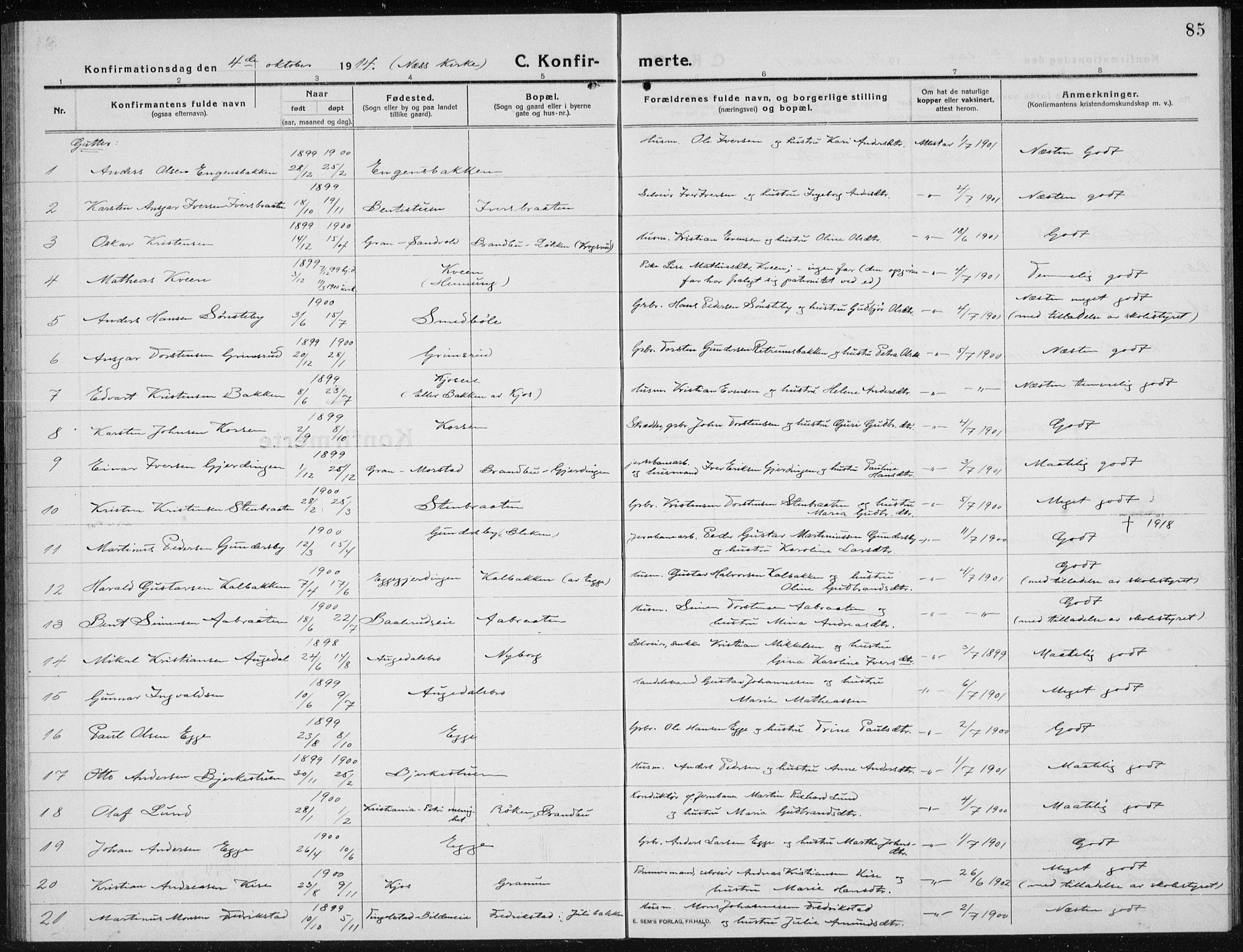 Brandbu prestekontor, AV/SAH-PREST-114/H/Ha/Hab/L0001: Parish register (copy) no. 1, 1914-1937, p. 85