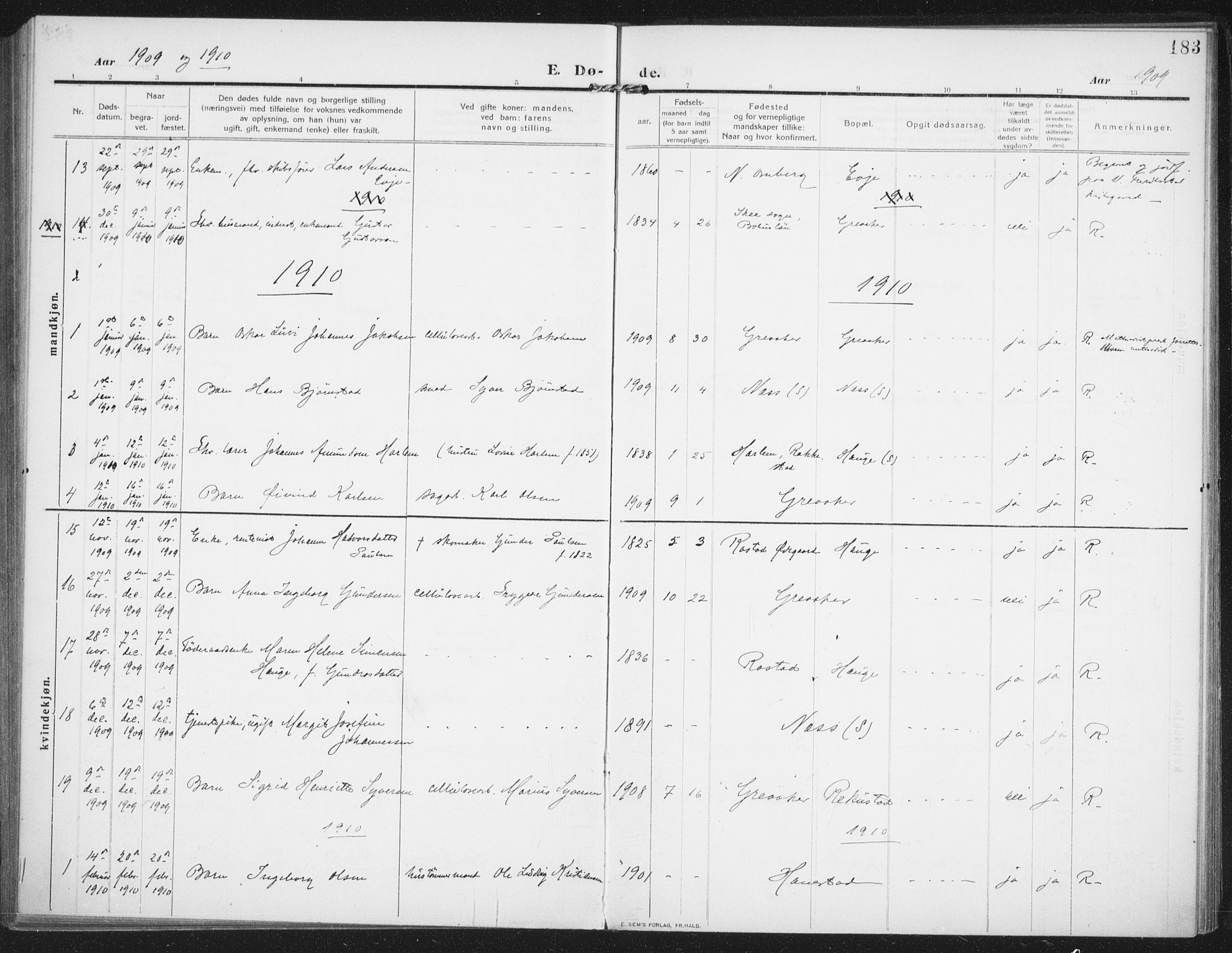 Rolvsøy prestekontor Kirkebøker, AV/SAO-A-2004/F/Fa/L0002: Parish register (official) no. 2, 1909-1917, p. 183