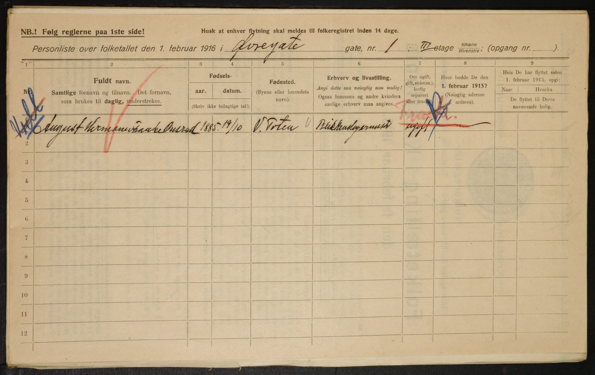 OBA, Municipal Census 1916 for Kristiania, 1916, p. 133488