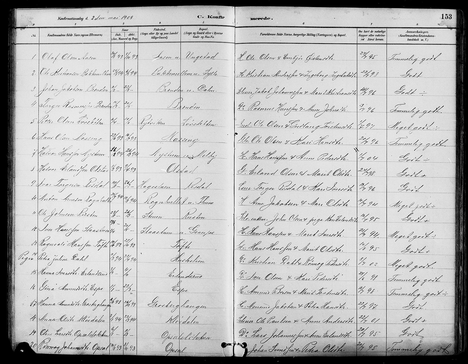 Nord-Fron prestekontor, SAH/PREST-080/H/Ha/Hab/L0005: Parish register (copy) no. 5, 1884-1914, p. 153