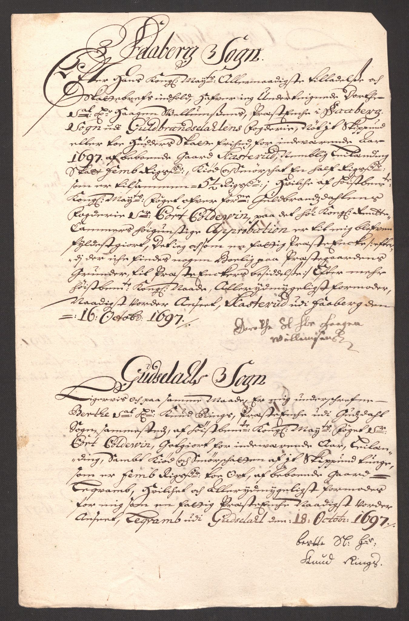 Rentekammeret inntil 1814, Reviderte regnskaper, Fogderegnskap, RA/EA-4092/R17/L1170: Fogderegnskap Gudbrandsdal, 1696-1697, p. 317