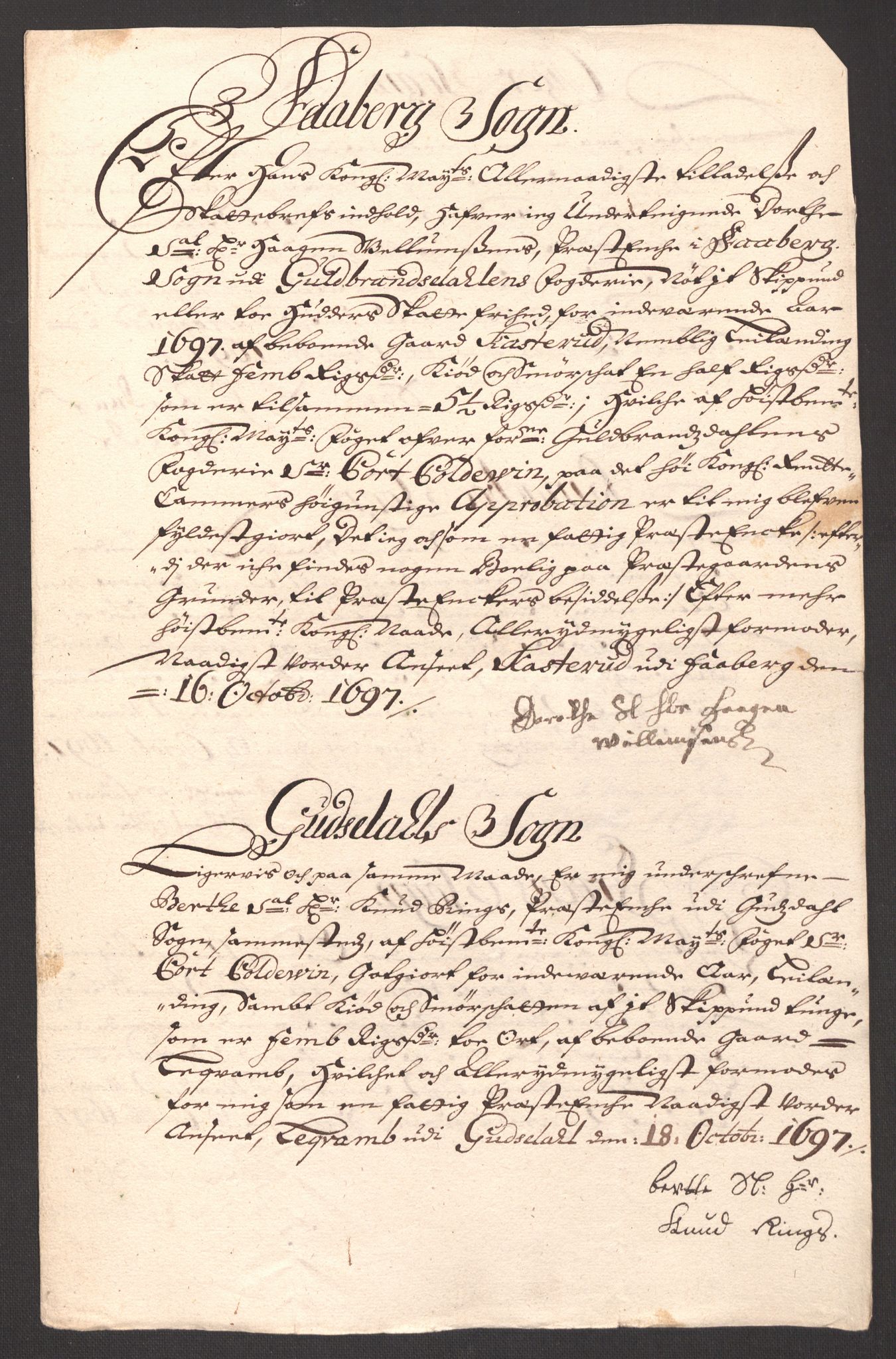 Rentekammeret inntil 1814, Reviderte regnskaper, Fogderegnskap, AV/RA-EA-4092/R17/L1170: Fogderegnskap Gudbrandsdal, 1696-1697, p. 317