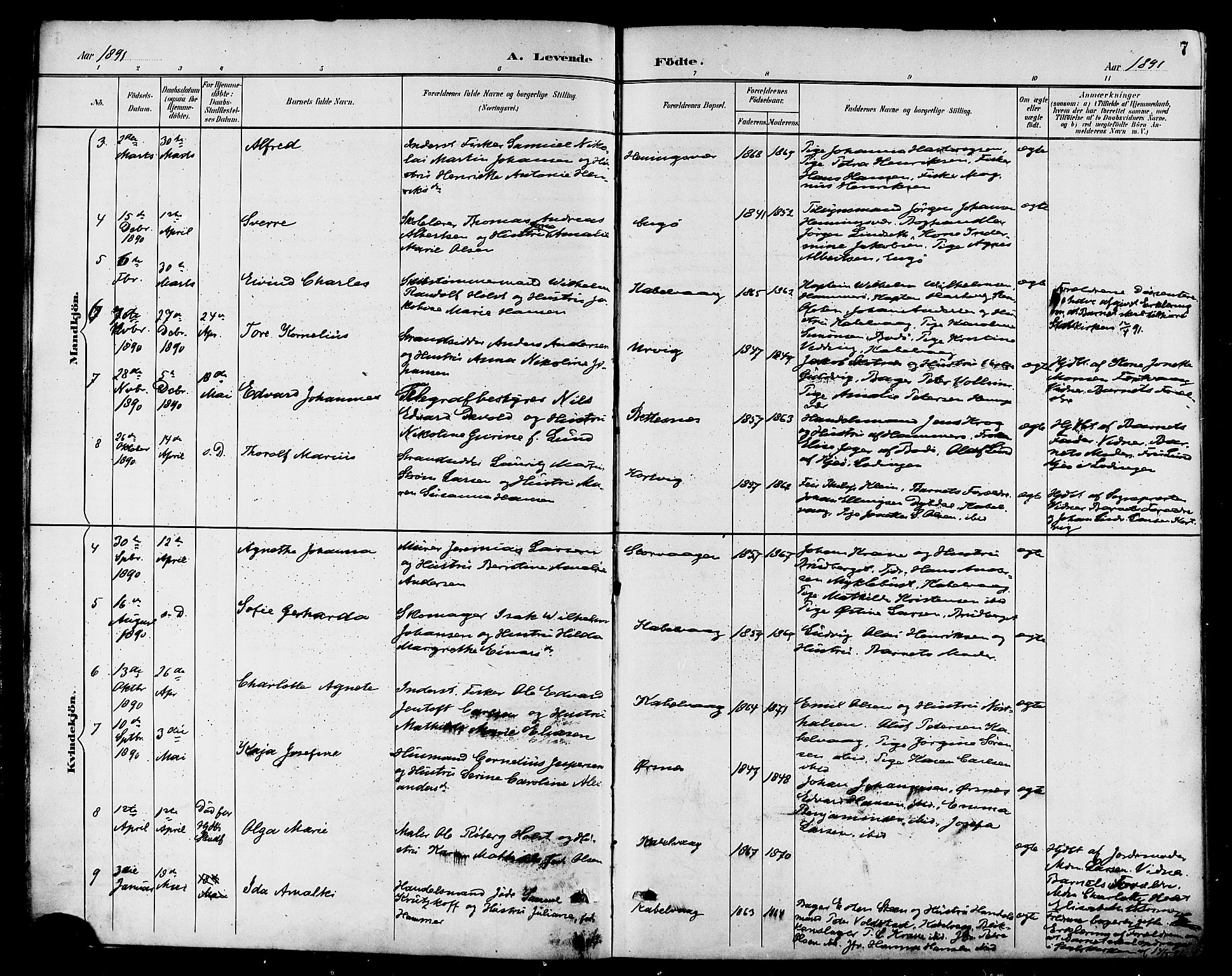 Ministerialprotokoller, klokkerbøker og fødselsregistre - Nordland, AV/SAT-A-1459/874/L1060: Parish register (official) no. 874A04, 1890-1899, p. 7