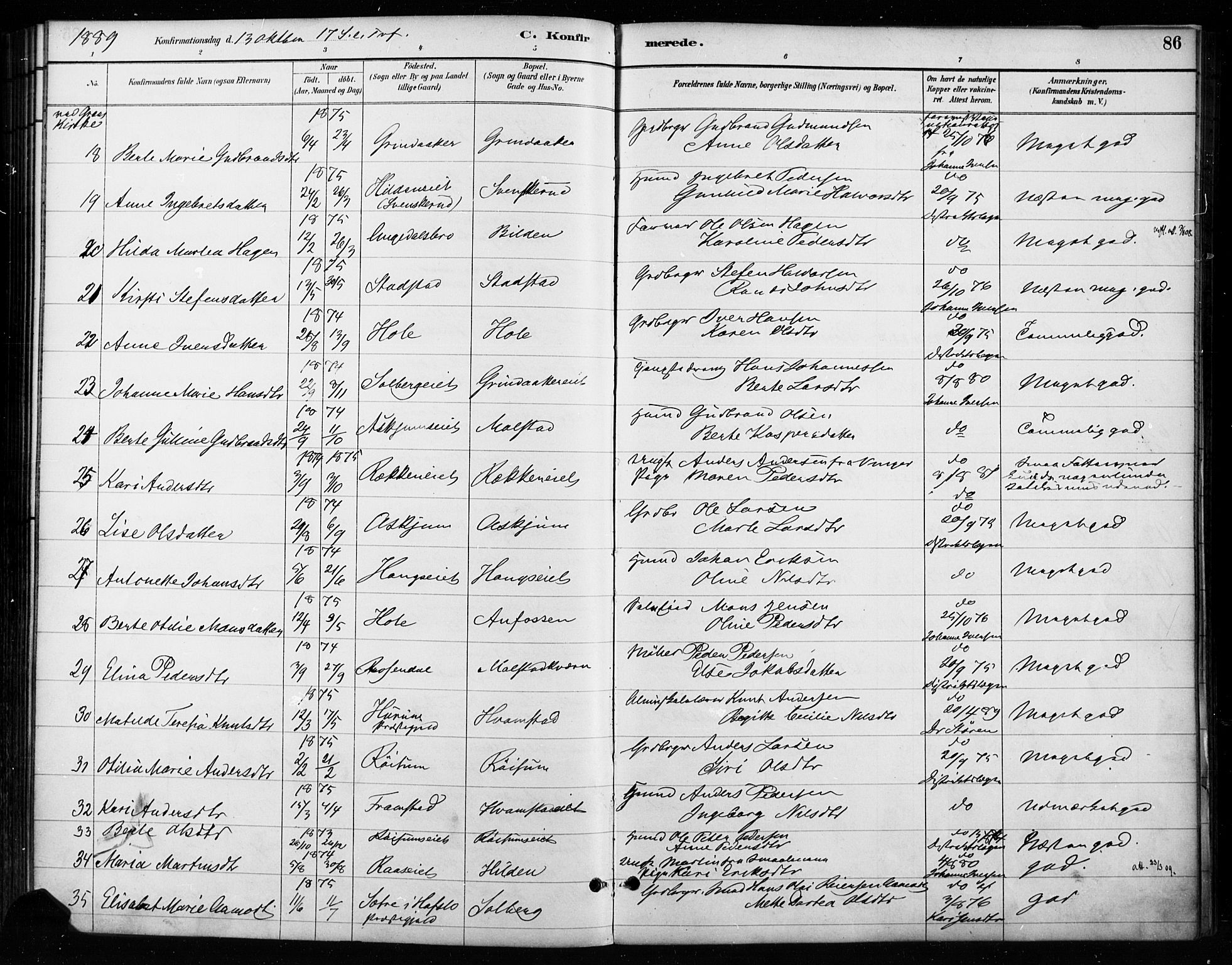 Gran prestekontor, SAH/PREST-112/H/Ha/Haa/L0018: Parish register (official) no. 18, 1889-1899, p. 86