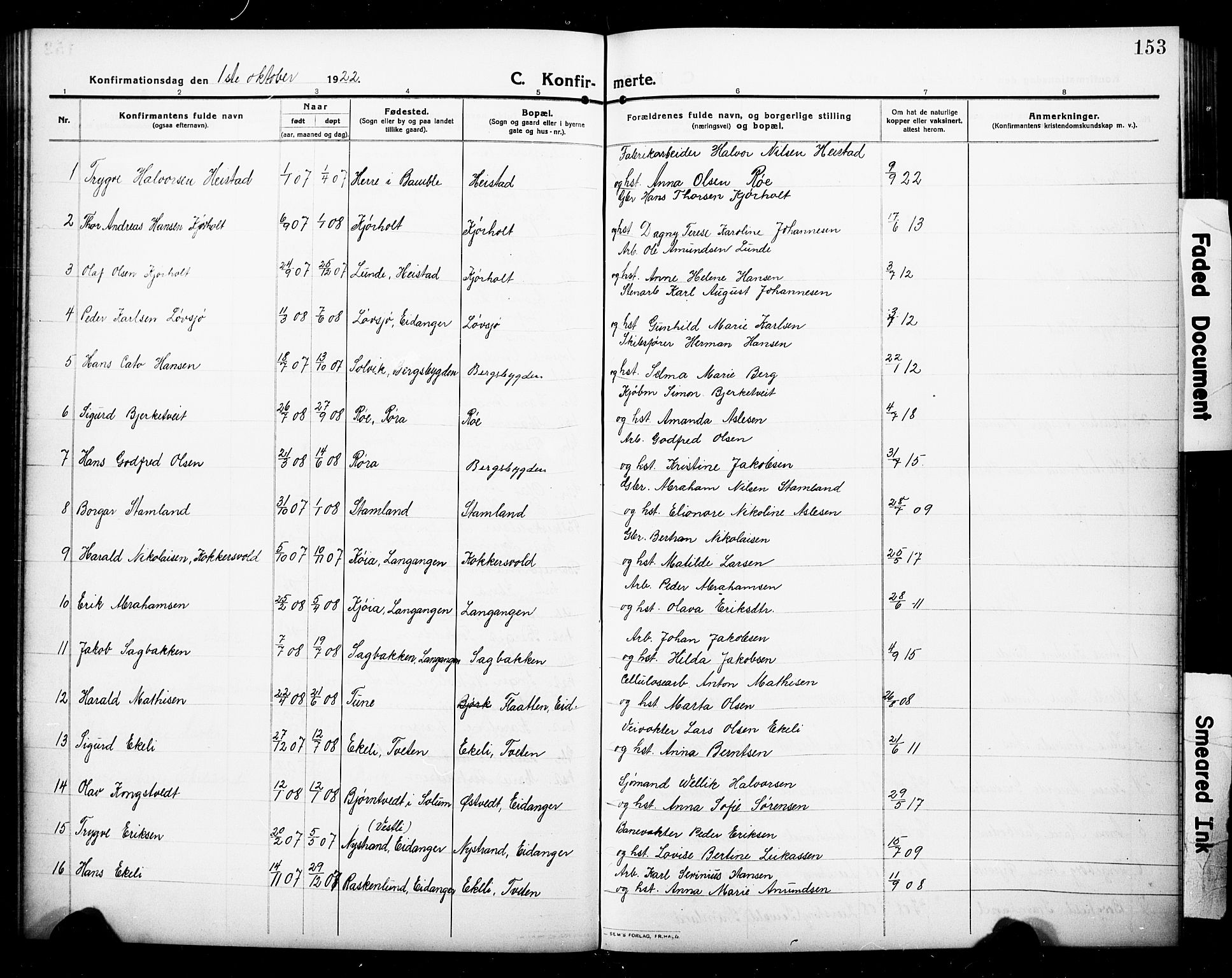 Eidanger kirkebøker, AV/SAKO-A-261/G/Ga/L0004: Parish register (copy) no. 4, 1912-1927, p. 153