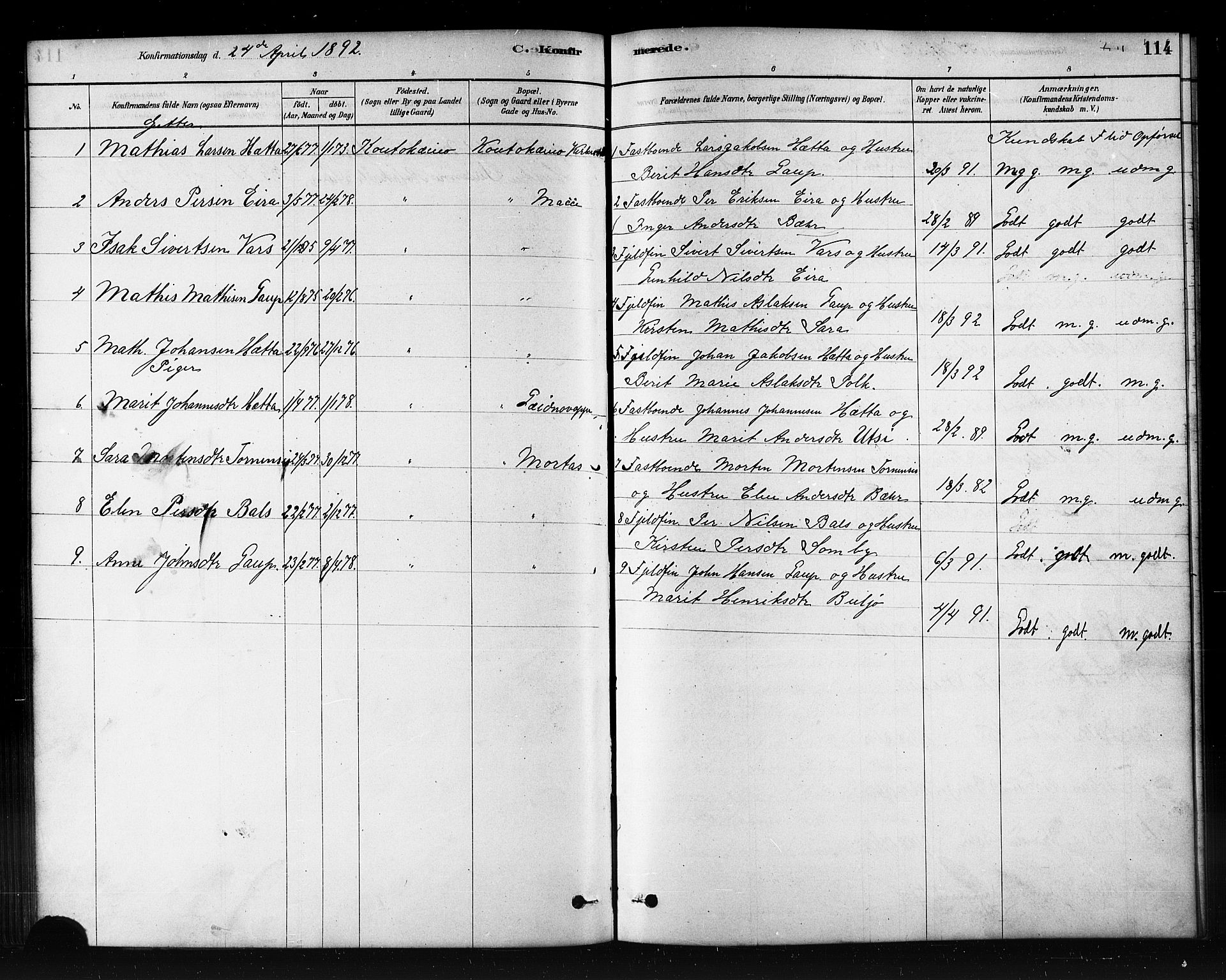 Kautokeino sokneprestembete, SATØ/S-1340/H/Hb/L0002.klokk: Parish register (copy) no. 2, 1877-1896, p. 114