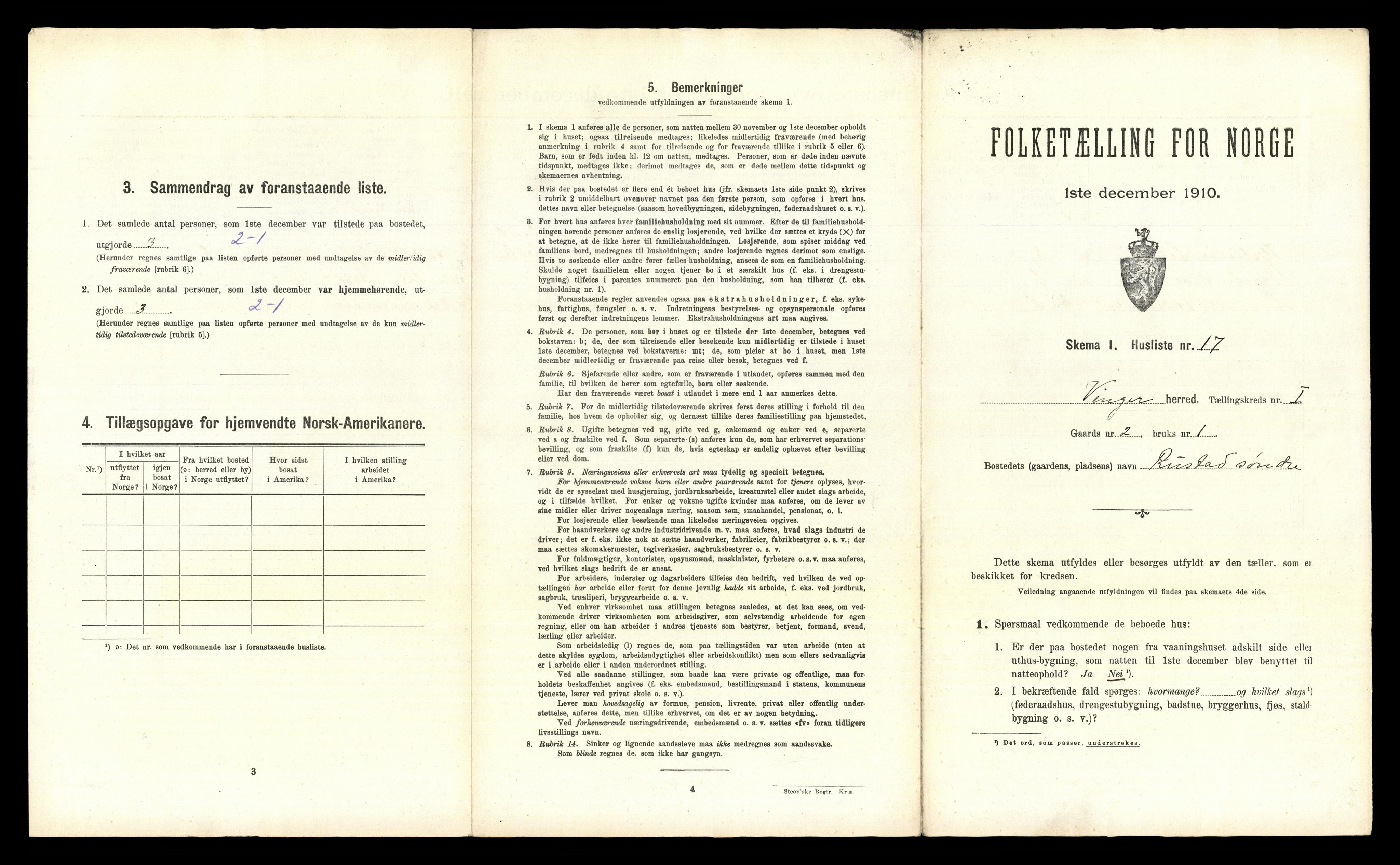 RA, 1910 census for Vinger, 1910, p. 85