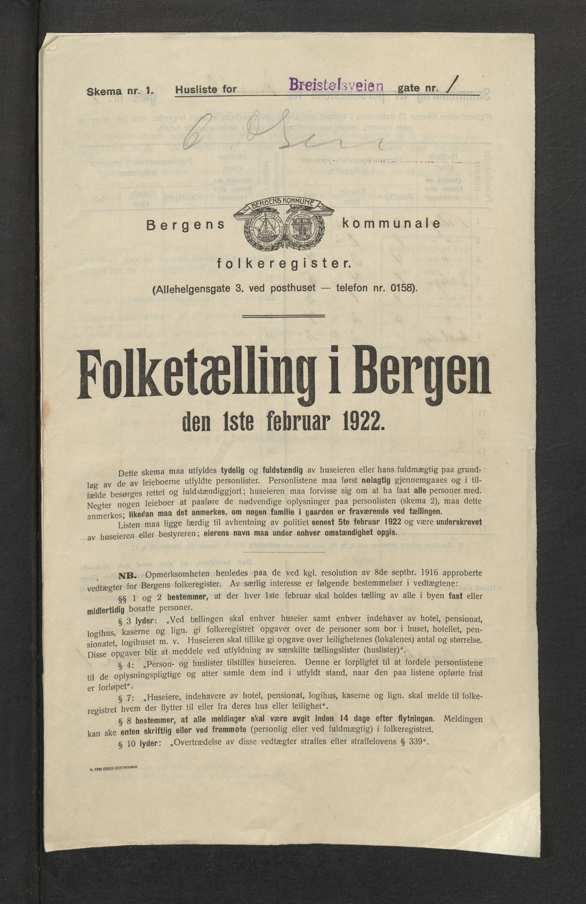 SAB, Municipal Census 1922 for Bergen, 1922, p. 4043